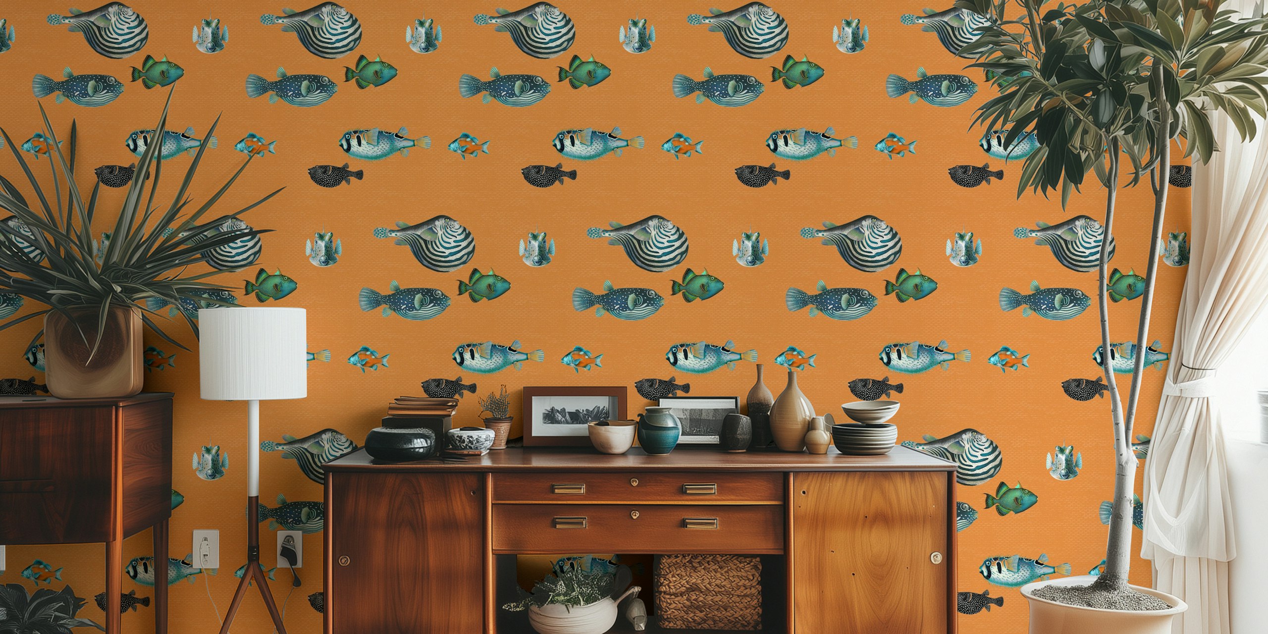 Orange fish pattern wallpaper in a room