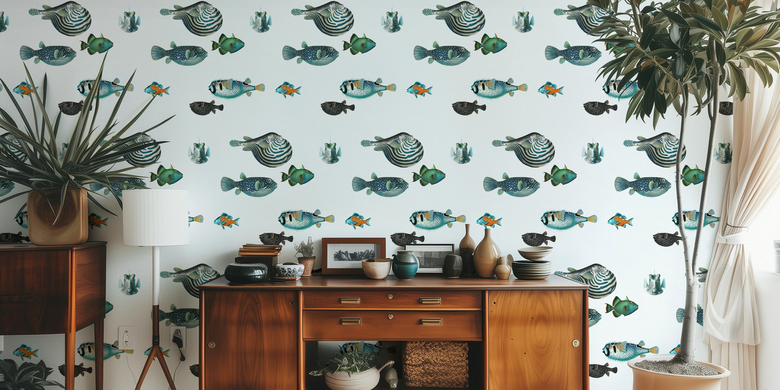 Colorful aquatic fish on a light gray background wallpaper
