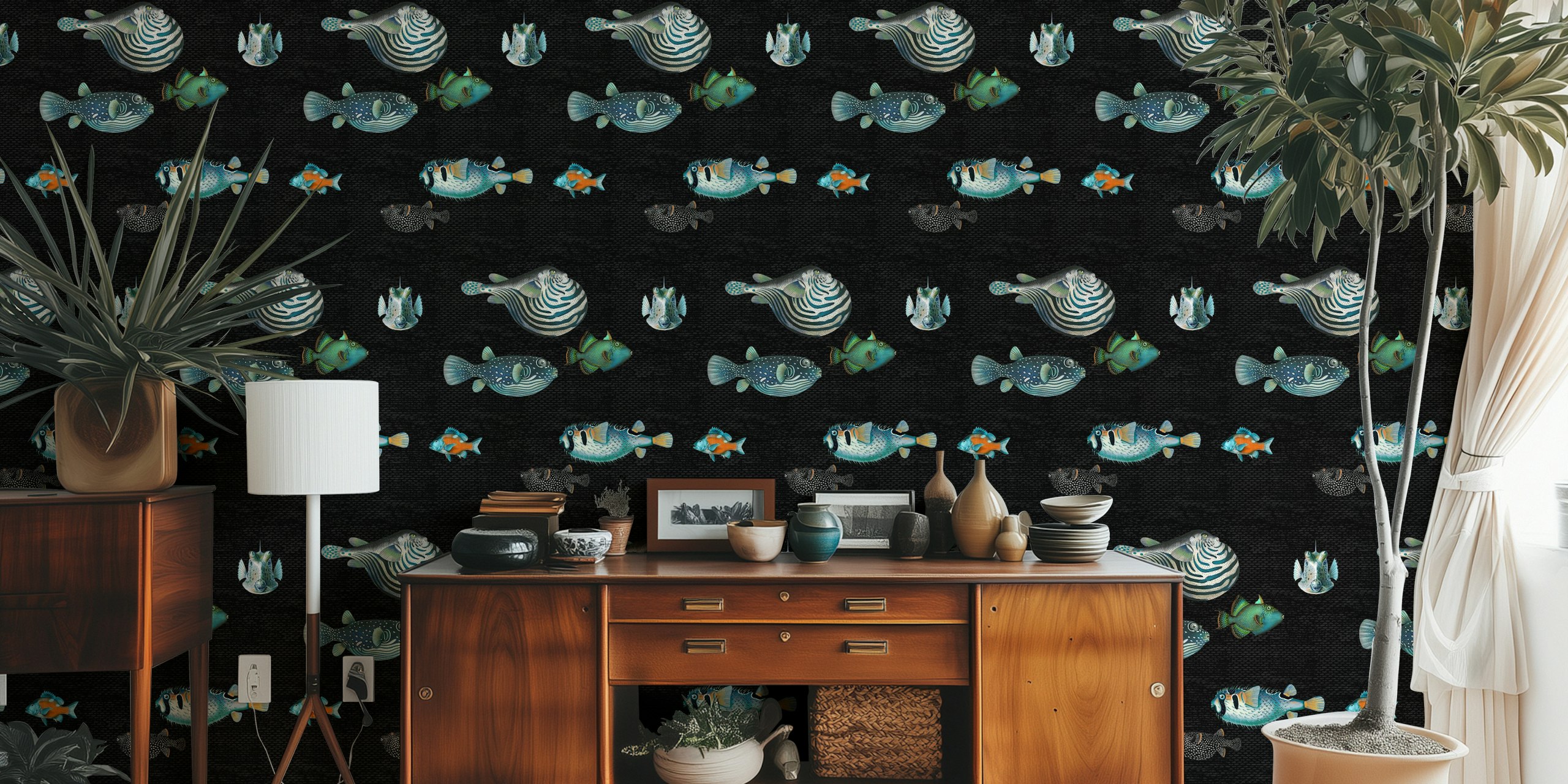 Colorful fish pattern on black background wallpaper