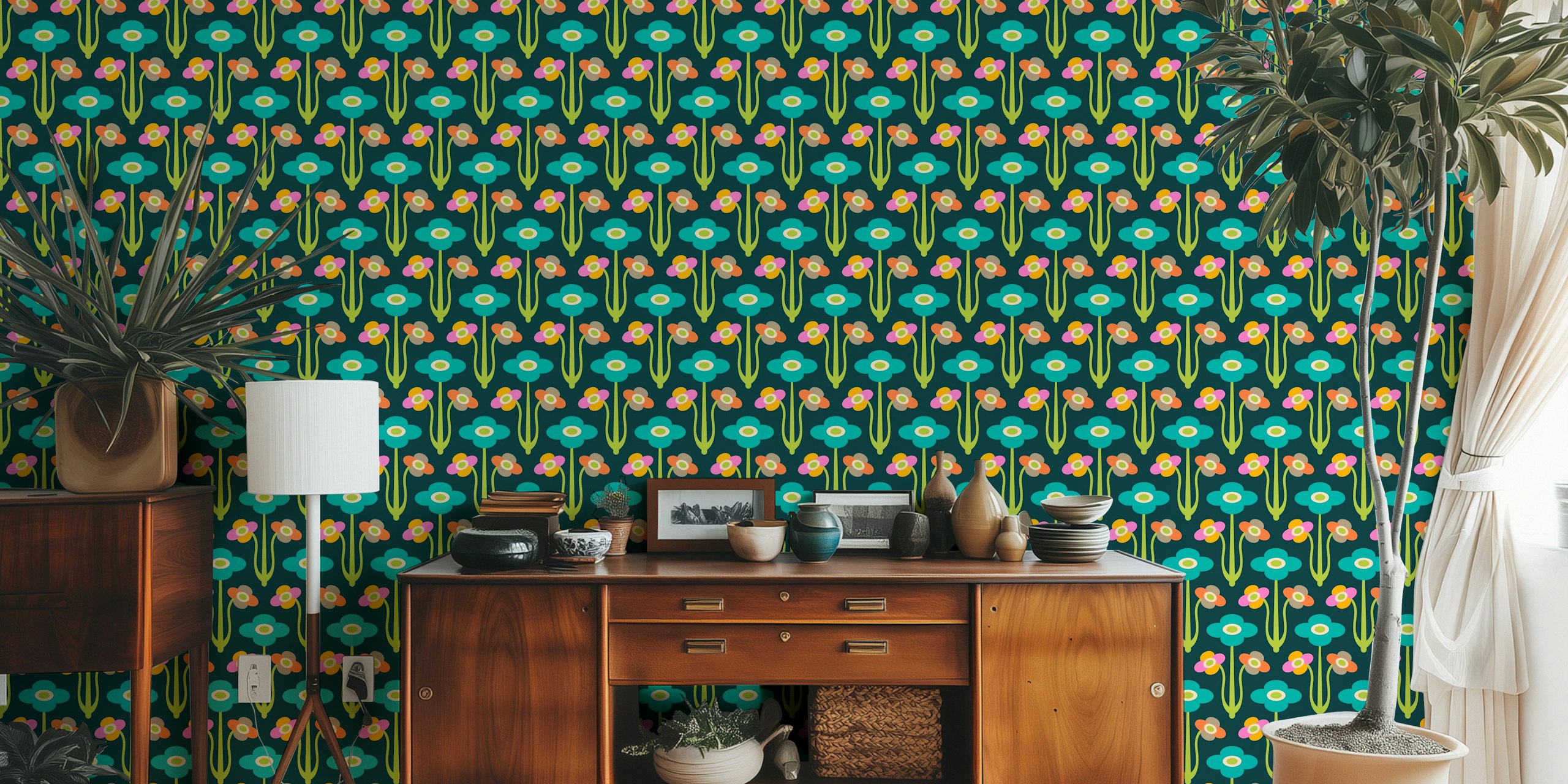 Yvette Mid-Century Scandi Retro Floral Bright Σχέδιο Σε Ένα Δωμάτιο