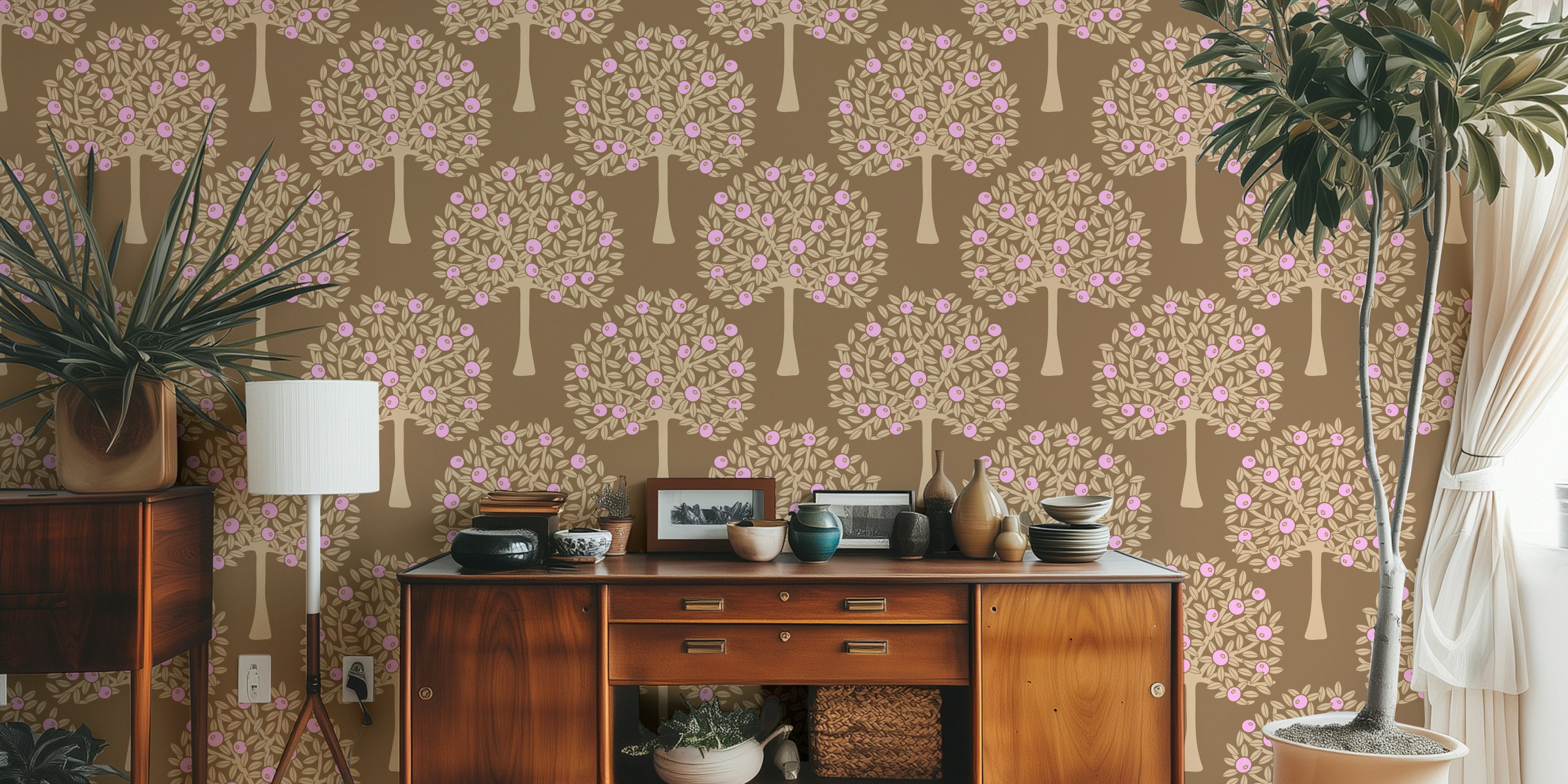 Floral tree pattern with pink fruit on a brown background wallpaper
