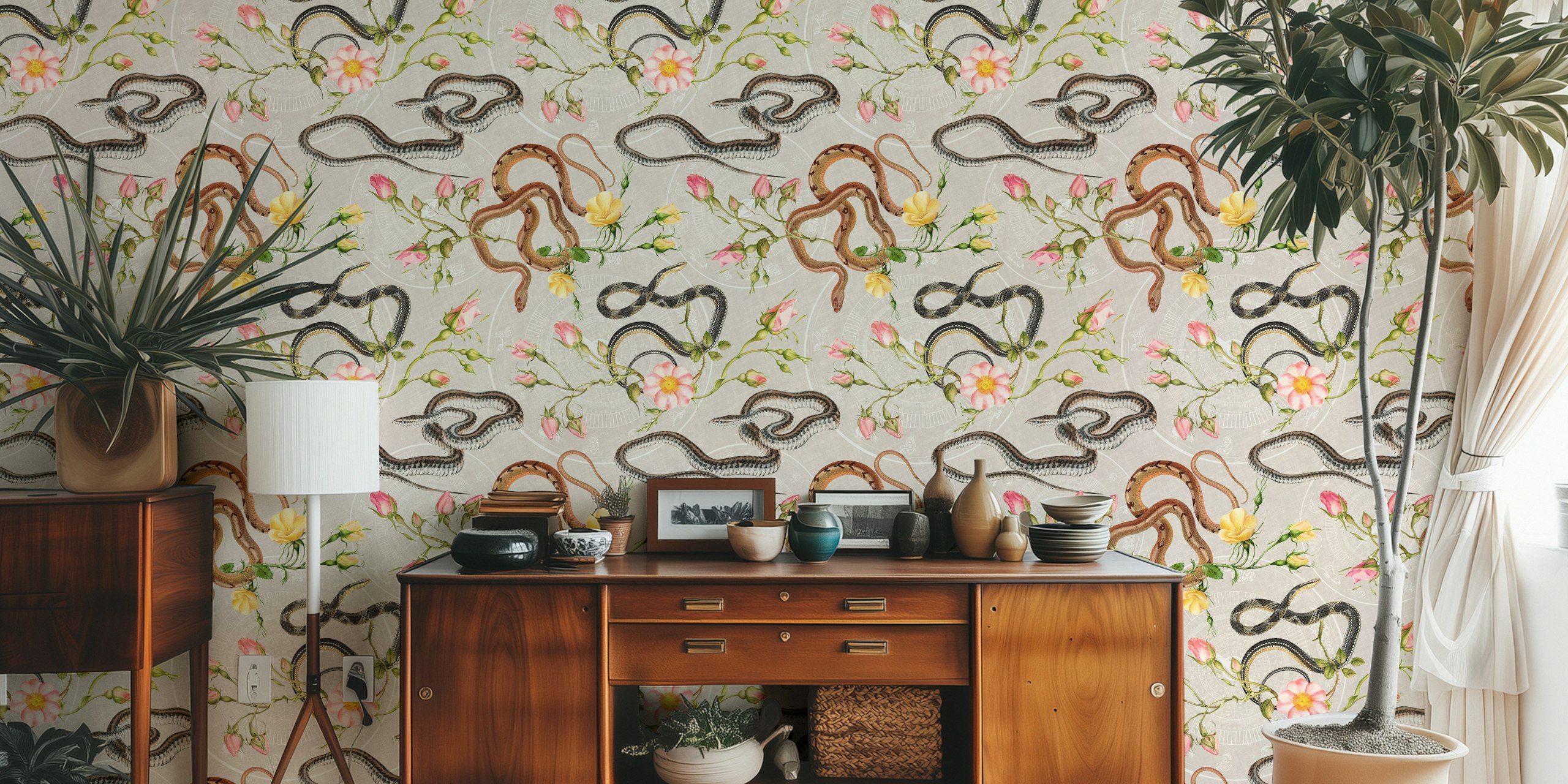 Exotic Snakes and Roses Wallpaper Decor