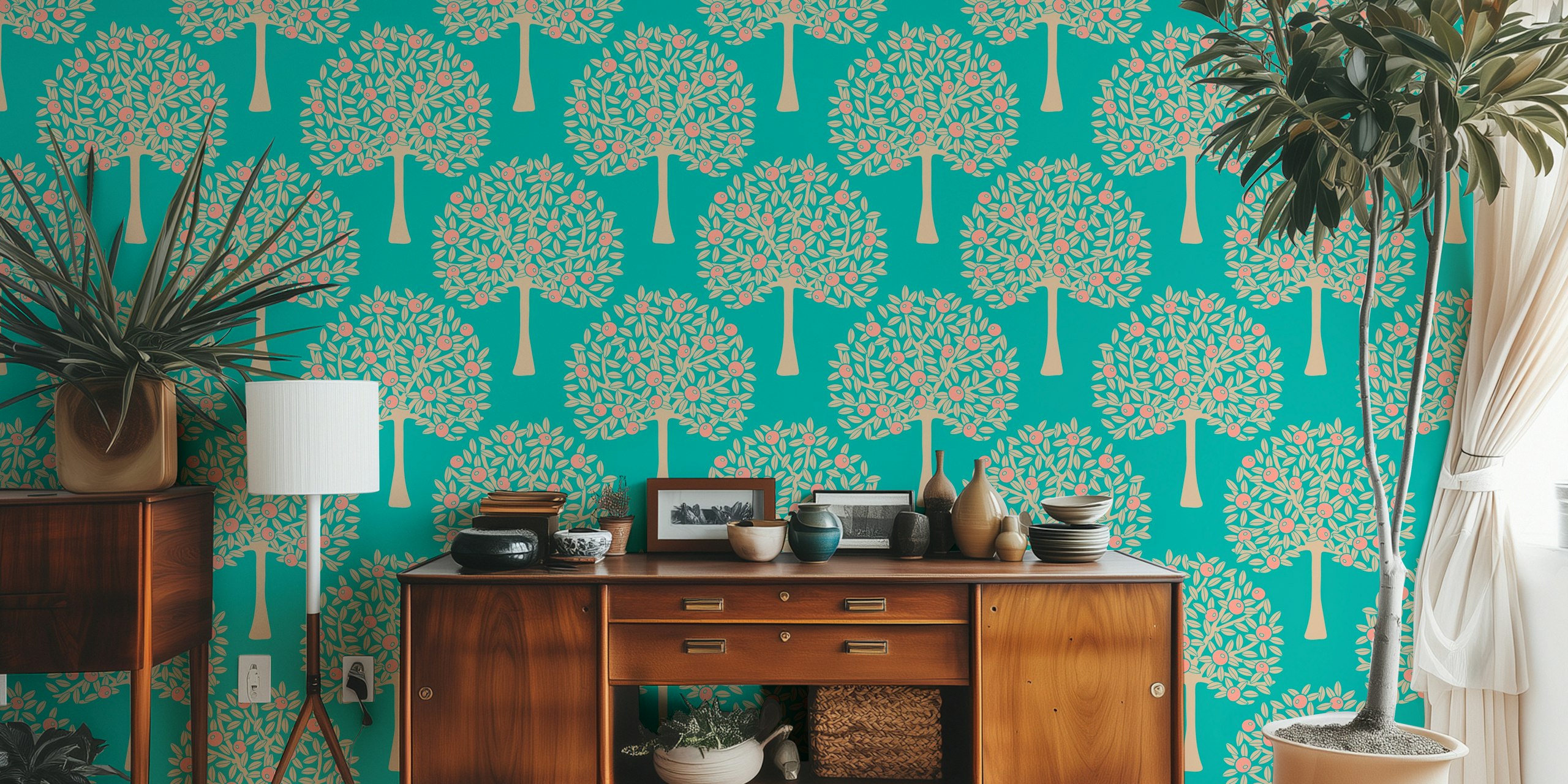 Citrus tree pattern with peach fruit and green leaves on turquoise wallpaper