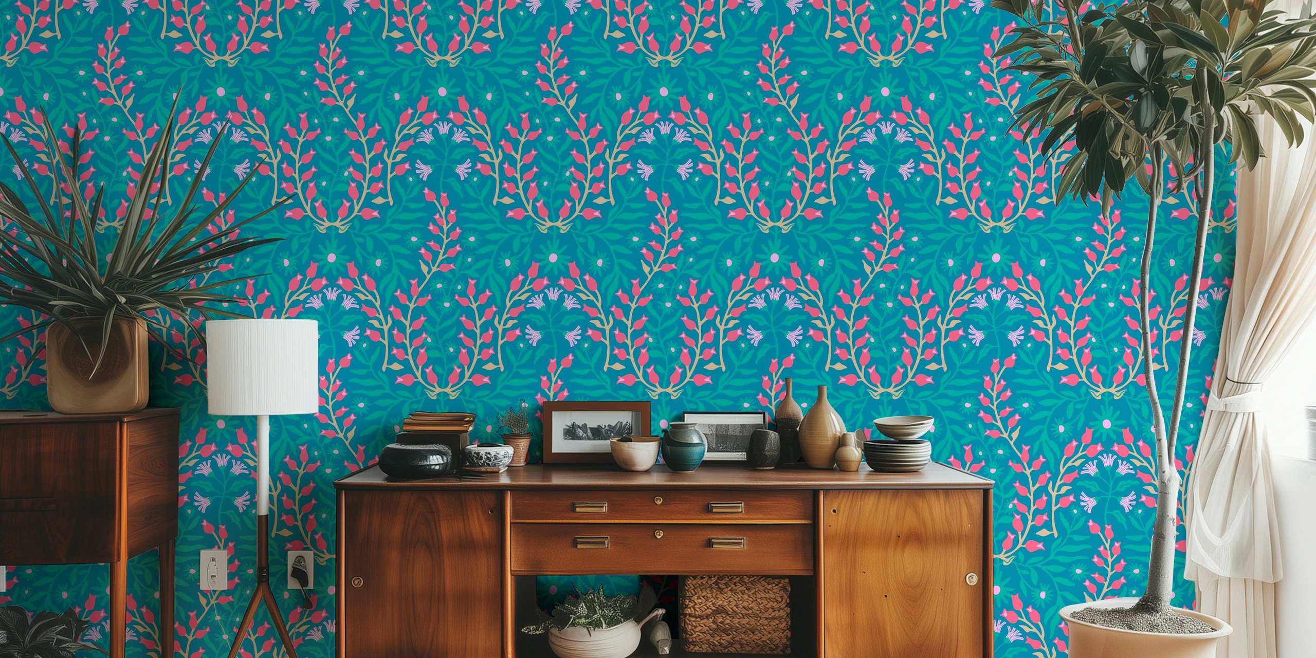 Blue floral wallpaper in a room
