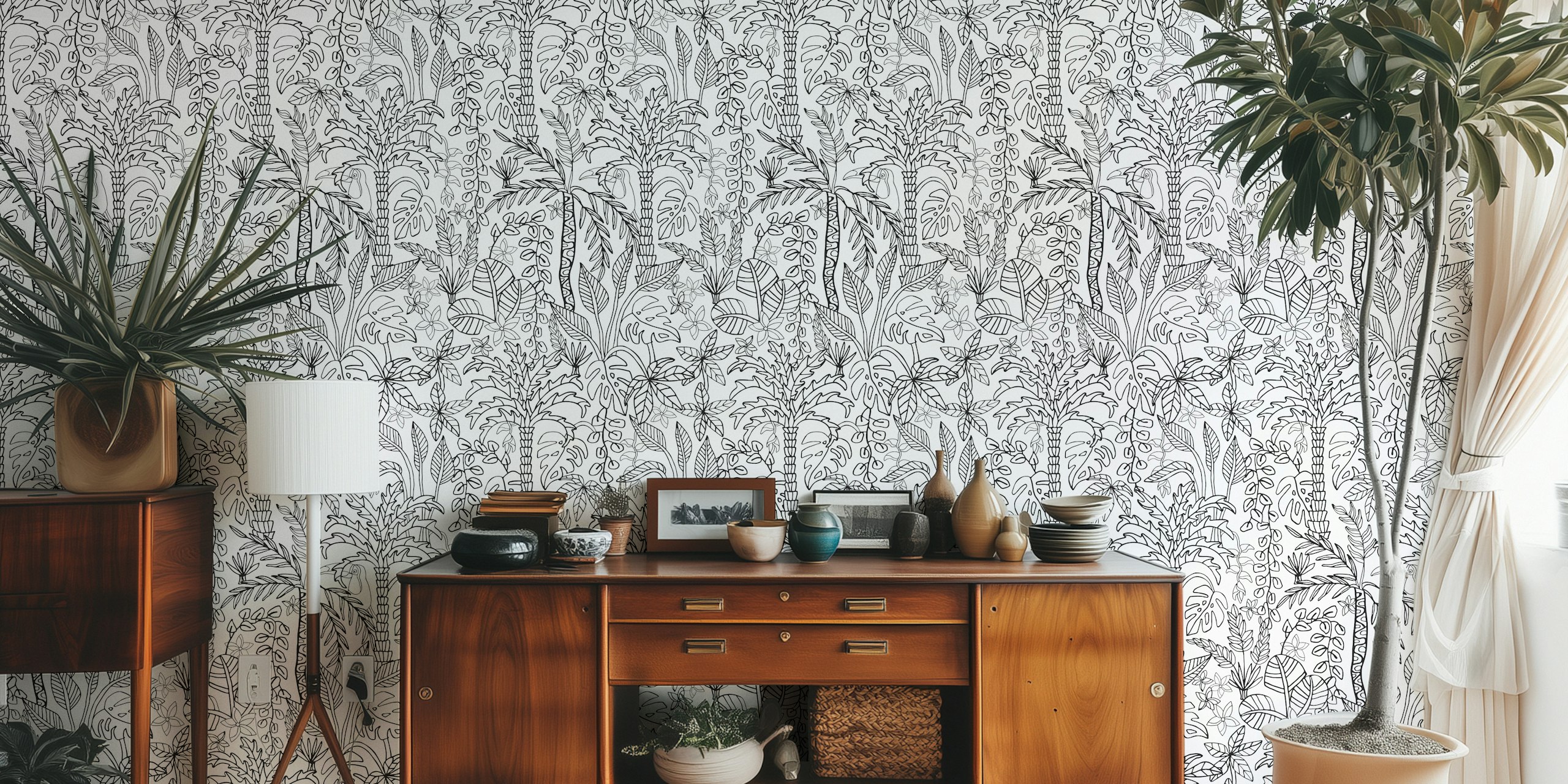 Mural de pared estilo libro para colorear en blanco y negro que representa una escena selvática con un tucán en medio del follaje tropical