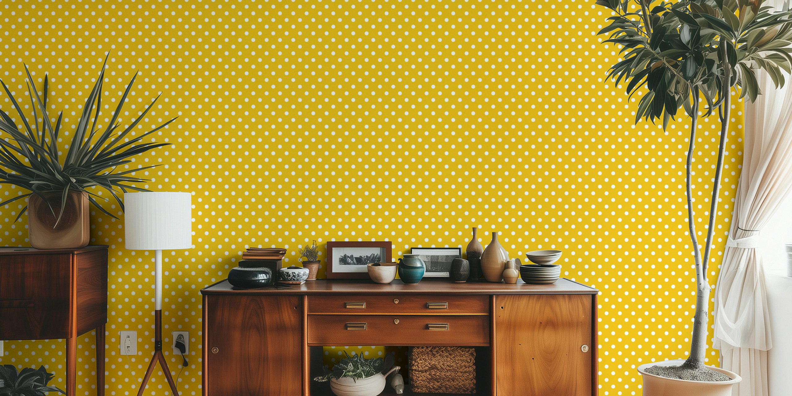 Gold and white polka dot pattern wallpaper