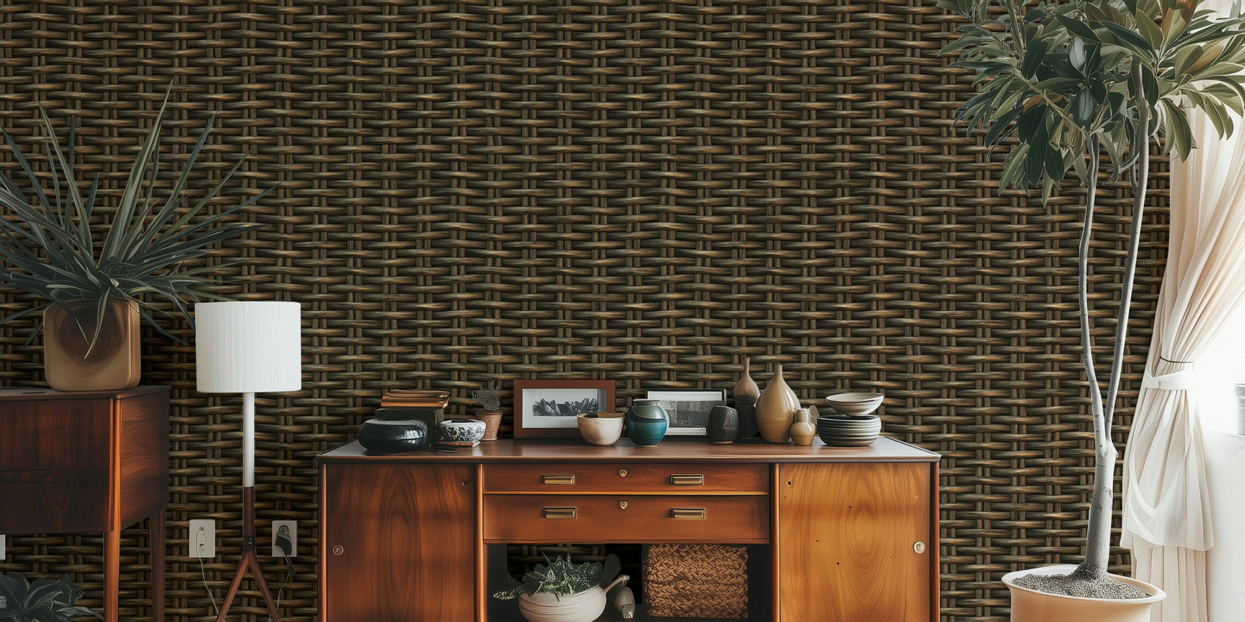 Wicker Weave wall mural with intricate woven texture in warm neutral tones