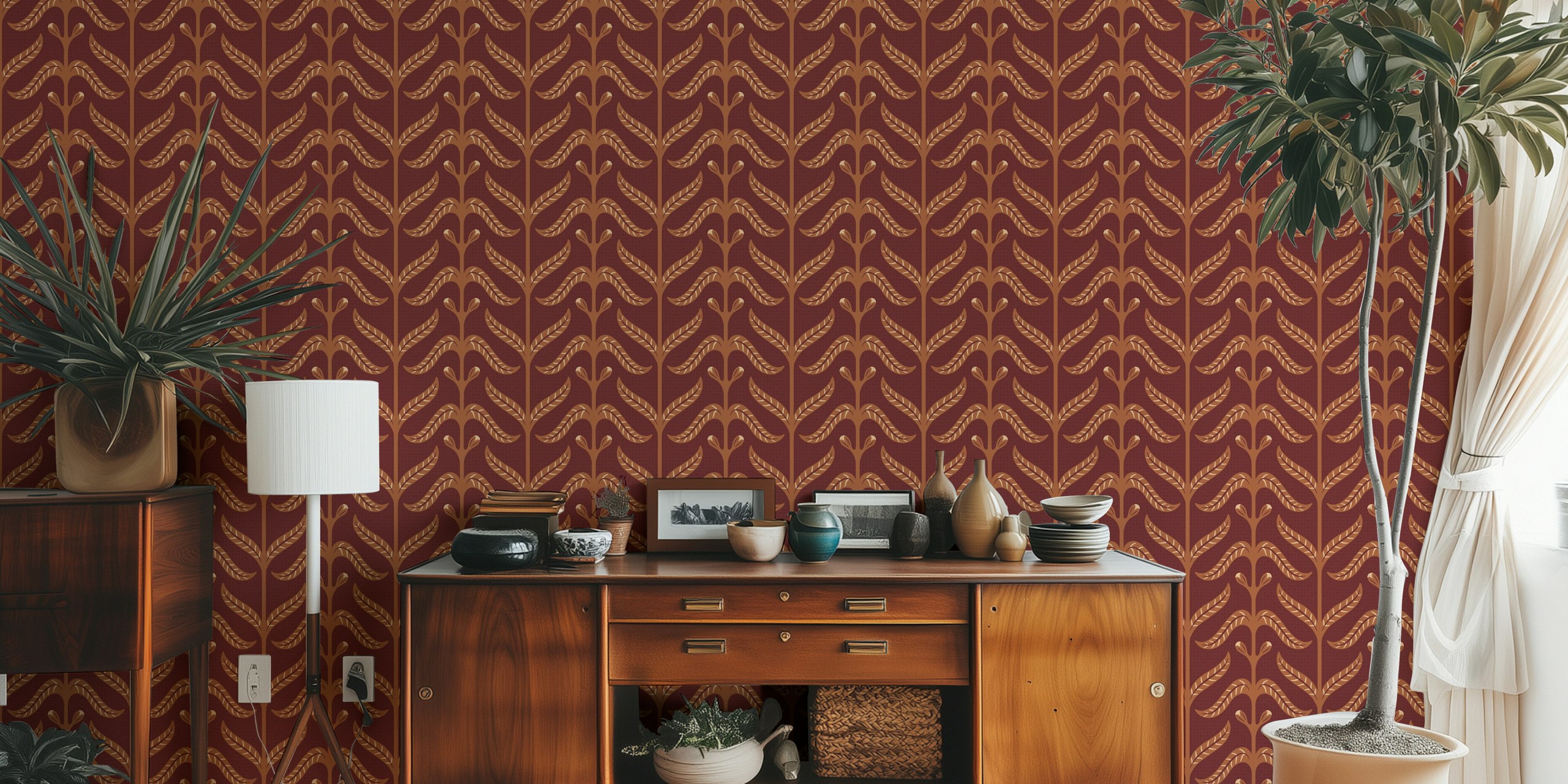 Red wallpaper with floral leaf pattern in shades of brown and beige