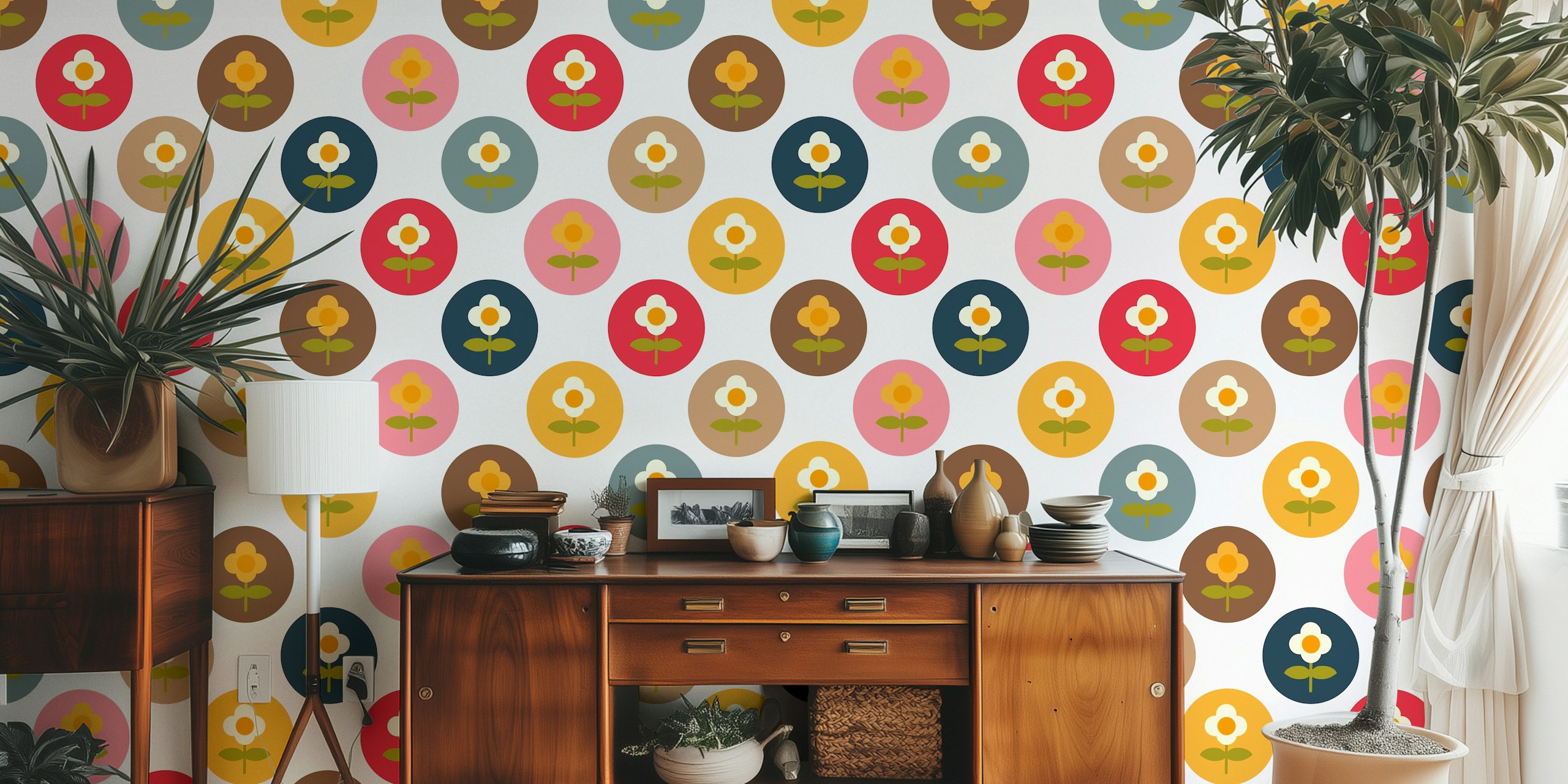 Colorful circles with white flowers on a white background wallpaper