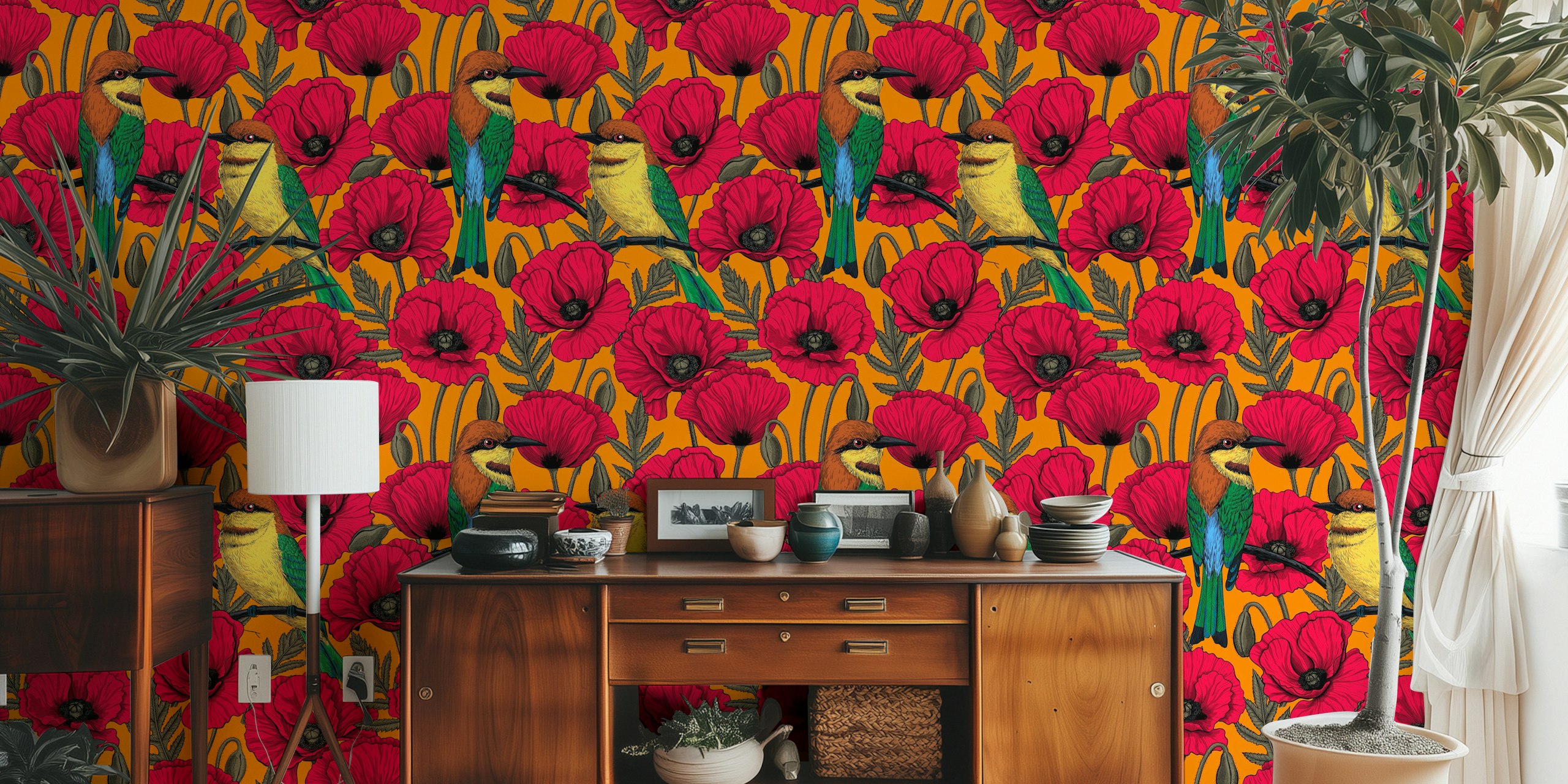 Bee eaters and poppies wallpaper in a room