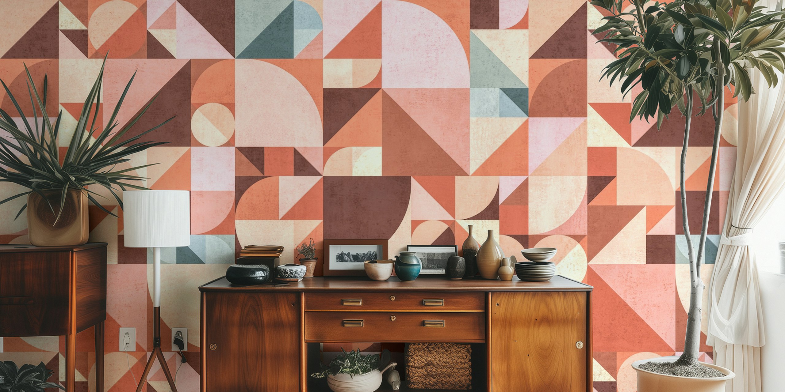 Papier peint mural de style Bauhaus moderne du milieu du siècle avec des formes géométriques dans des tons terreux