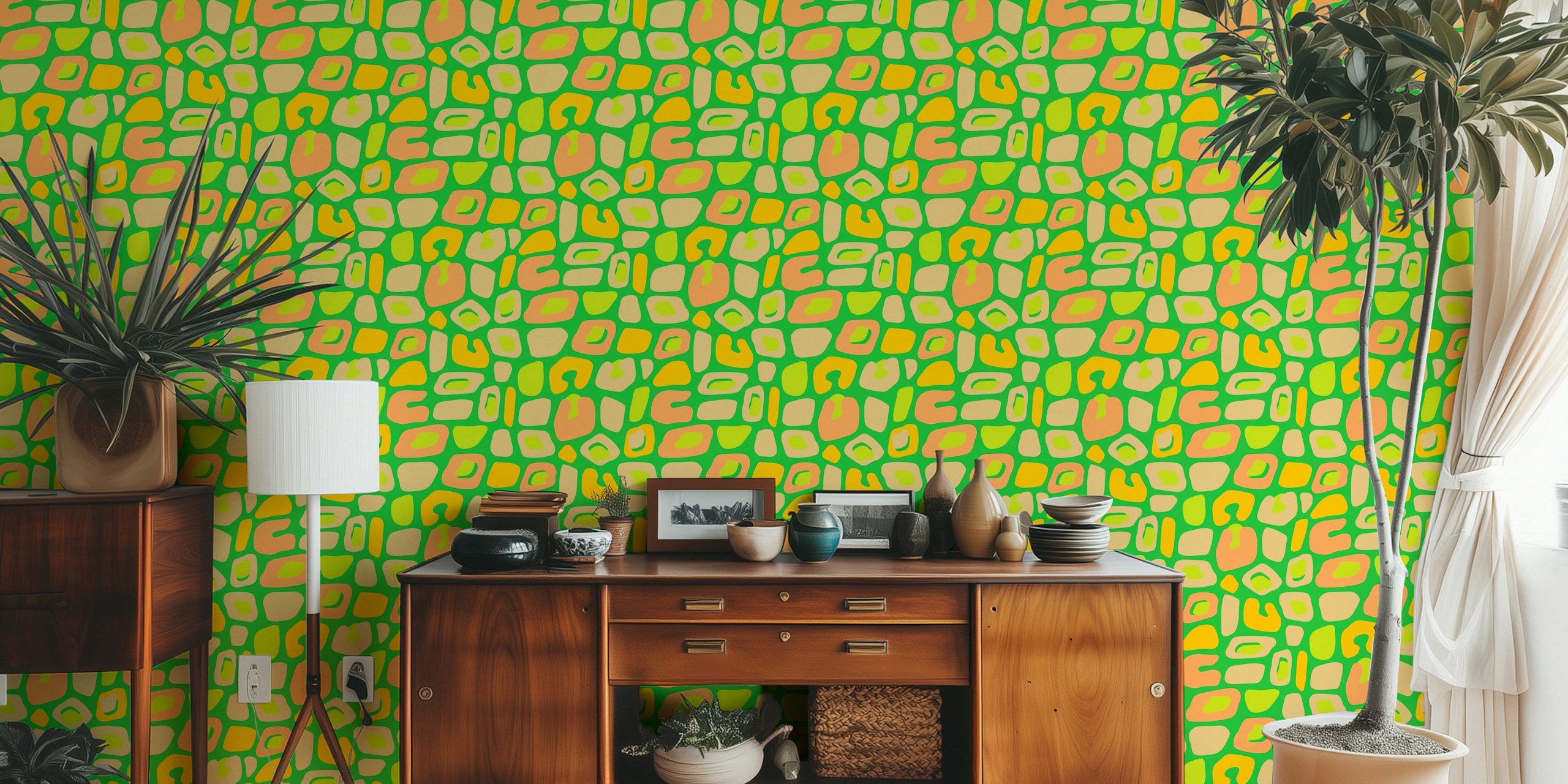 Colorful leopard print patterns in green, peach, and yellow wallpaper
