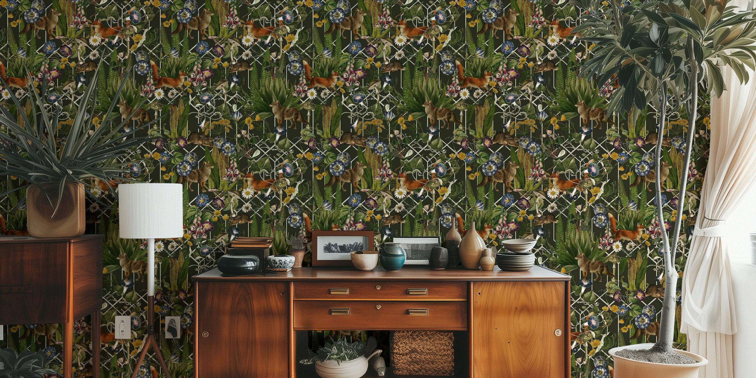 Vintage-inspired wall mural with animals and plants in a forest setting on happywall.com.