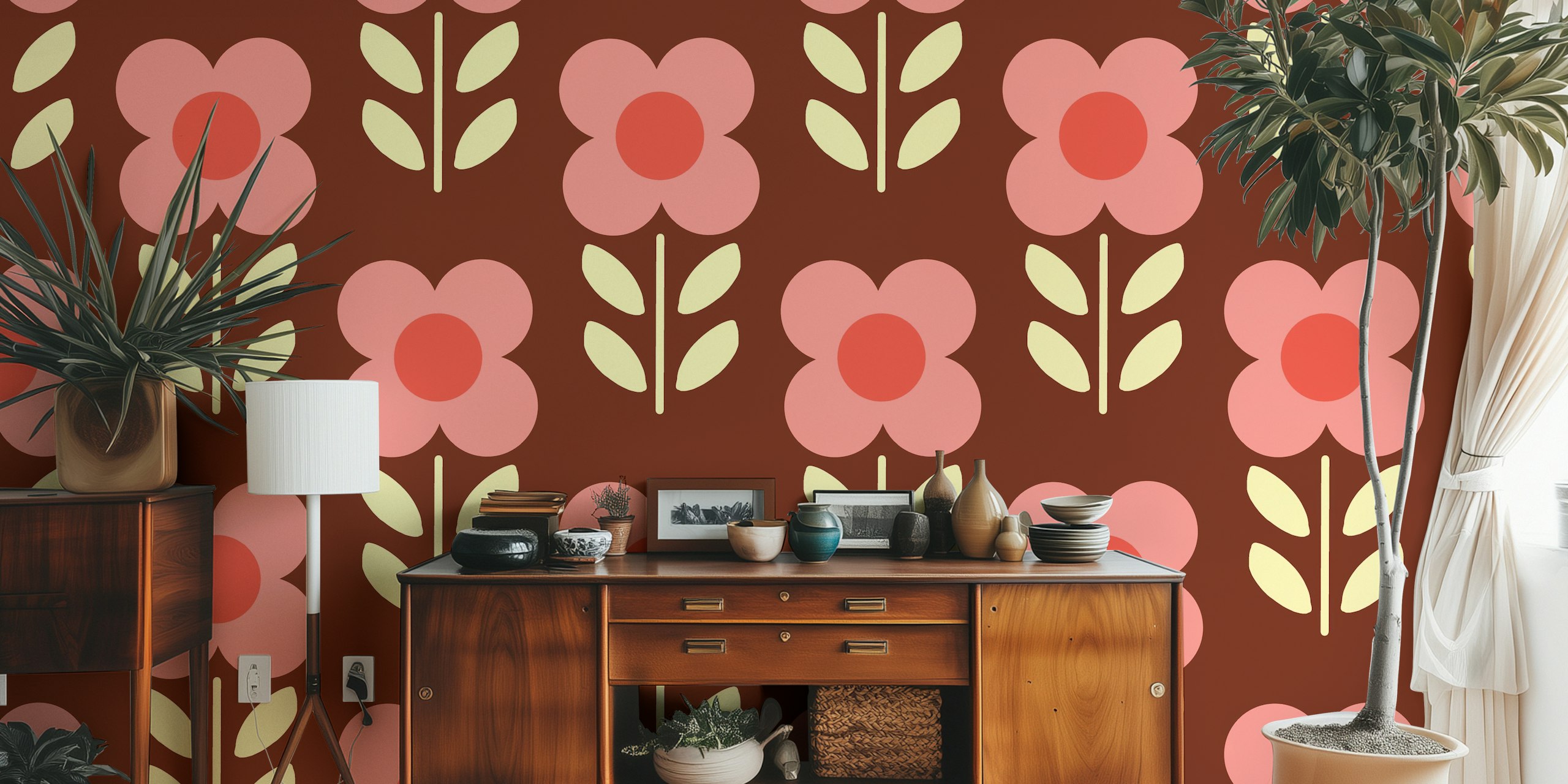 Pink daisy floral pattern on brown background wallpaper