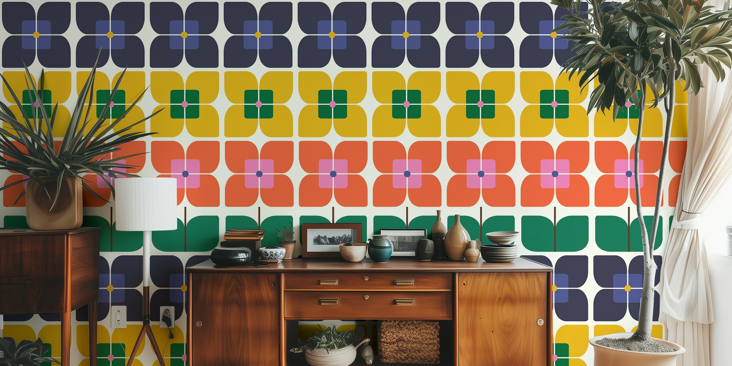 Papier peint abstrait Square Bloom avec un motif floral géométrique