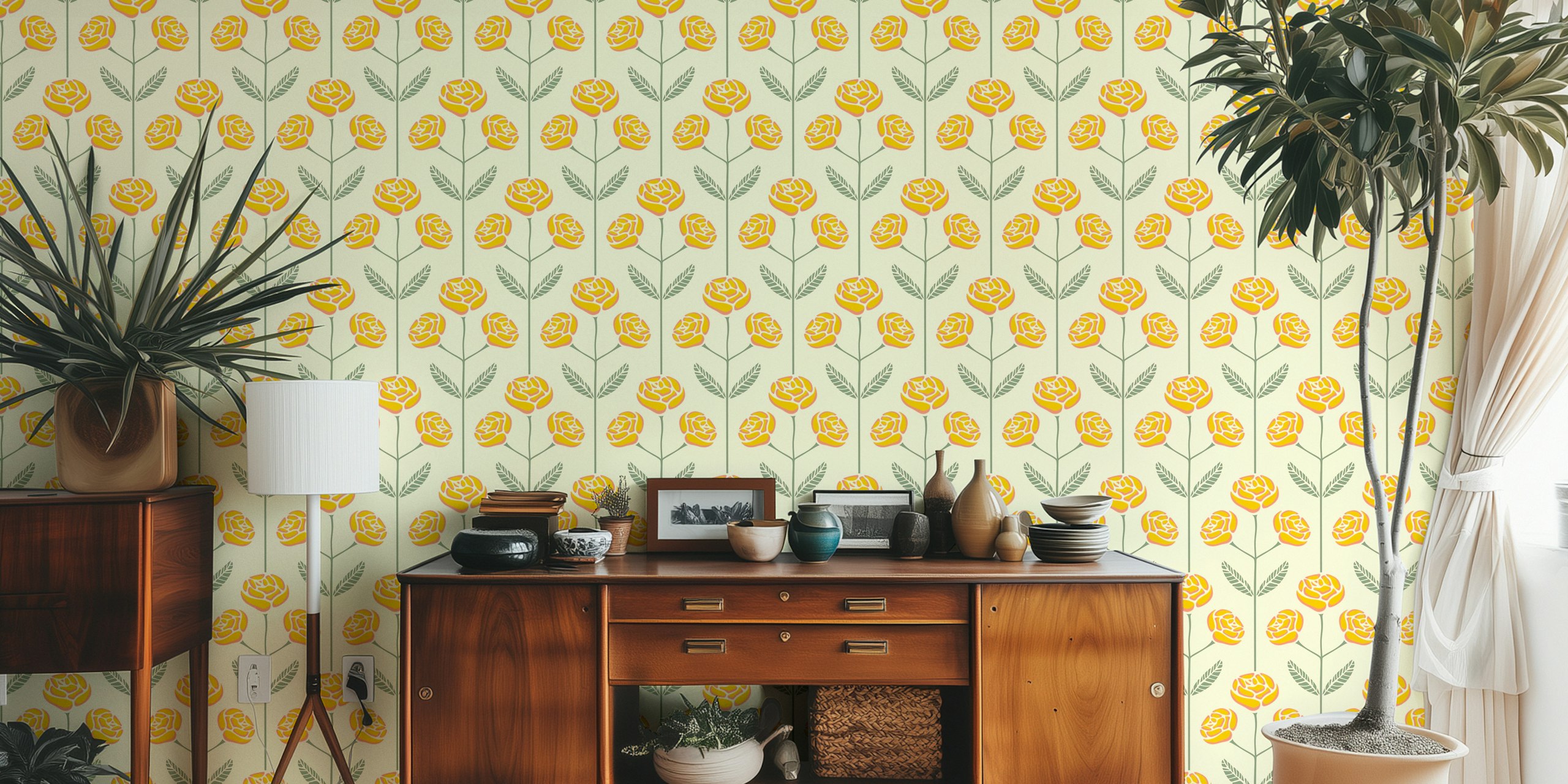 Lola Retro Rose Mid-Century Floral - Yellow Blommig Tapet Med Retro Ros Design