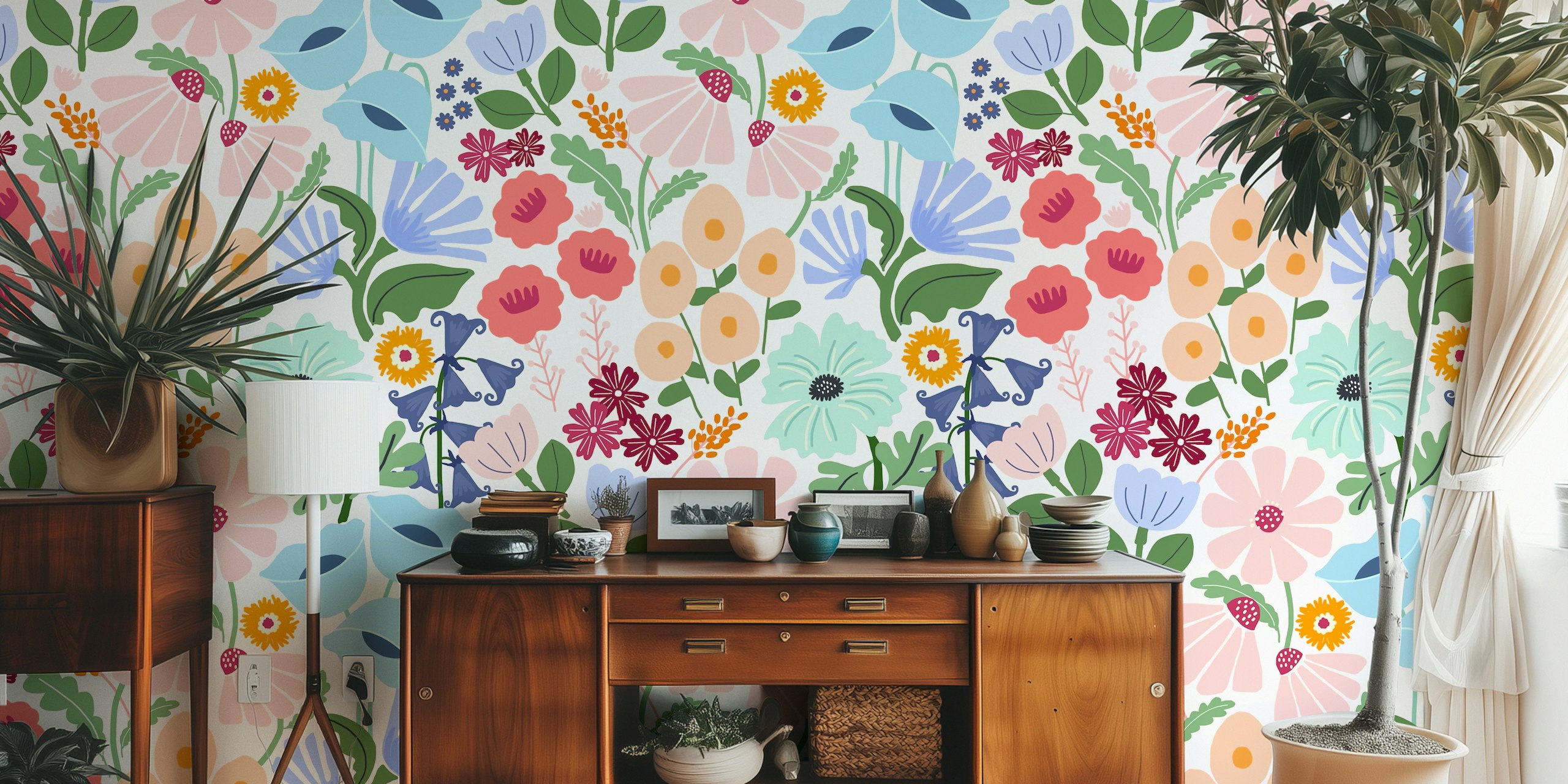 Colorful floral pattern with pink, blue, and green elements wallpaper