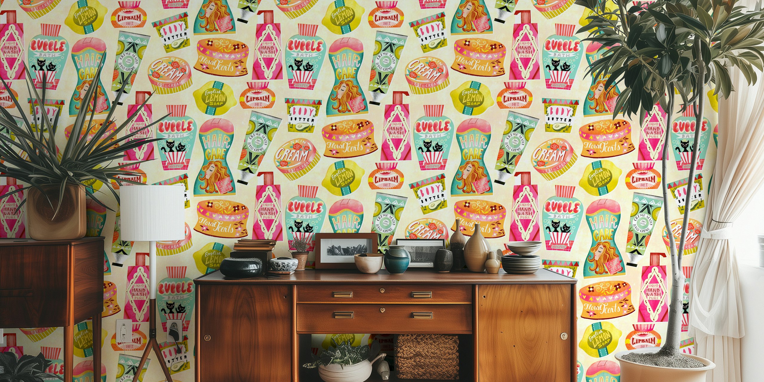 Färgglad tapet med bath and beauty care products