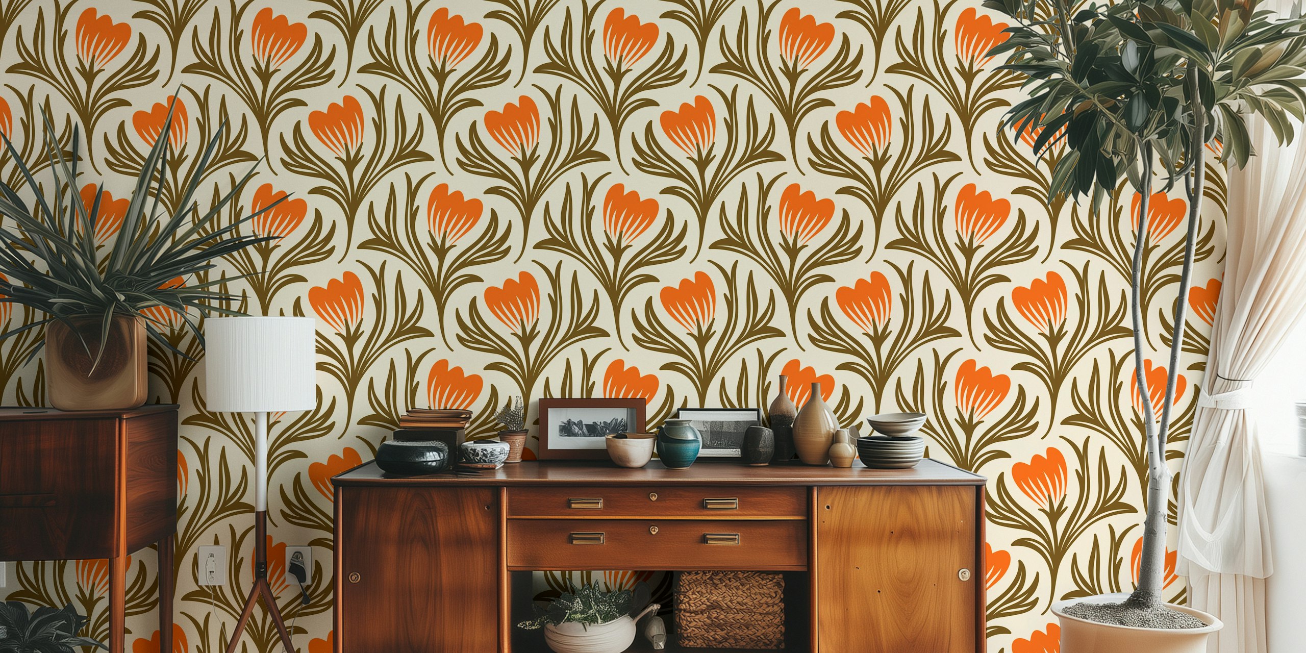 Hand drawn wildflowers pattern wallpaper in a room
