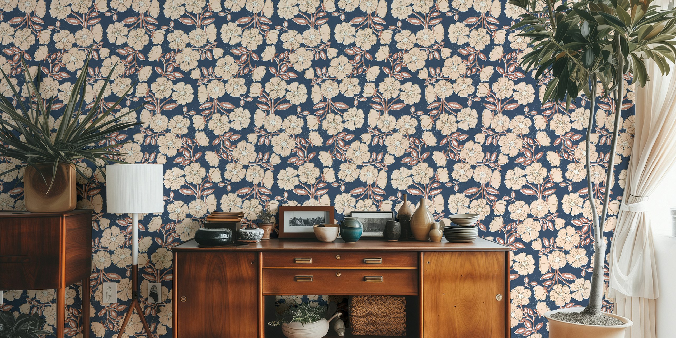 Wild Rose Block Print Floral tapetdesign i rommet
