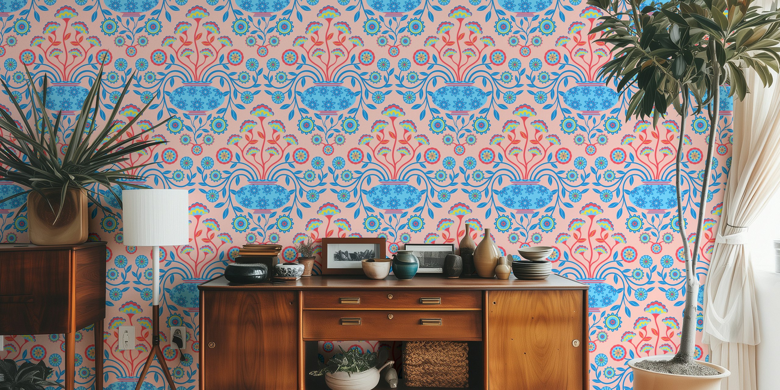 Dreamy damask pink cottage floral wallpaper design