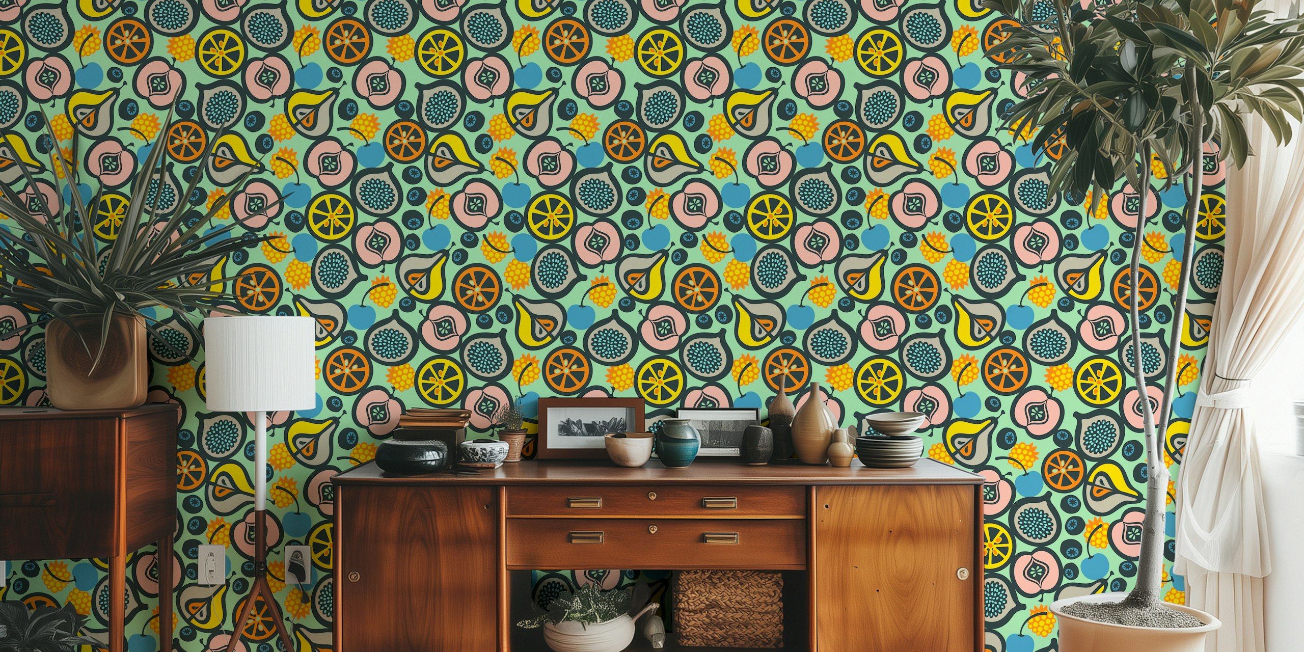 Retro fruit pattern wallpaper featuring colorful designs in green background