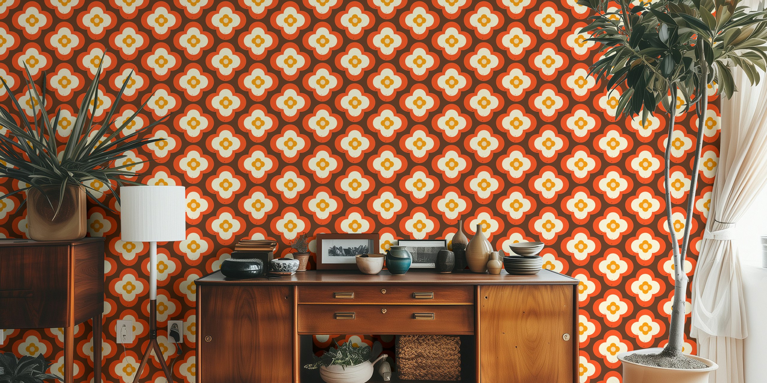 Ρετρό εμπνευσμένο τοιχογραφία Mod 70s Flower Daisy Orange με σχέδιο mid-century.