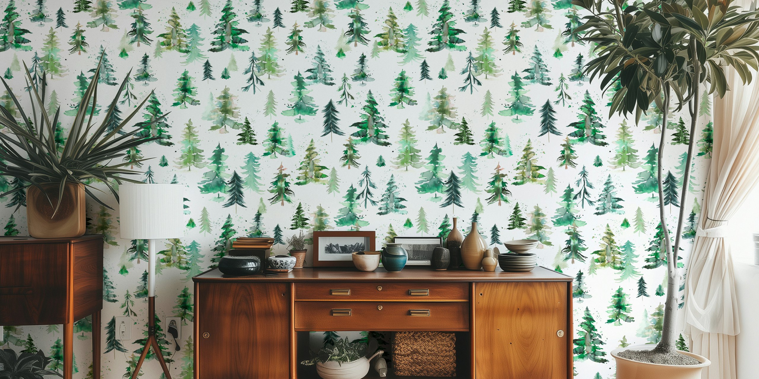 Illustrative forest and mountain wall mural depicting various trees on a white background