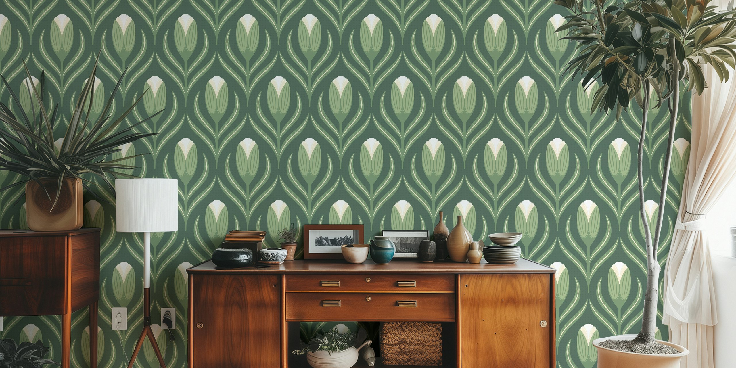 Natural flowers wallpaper em fundo sage green