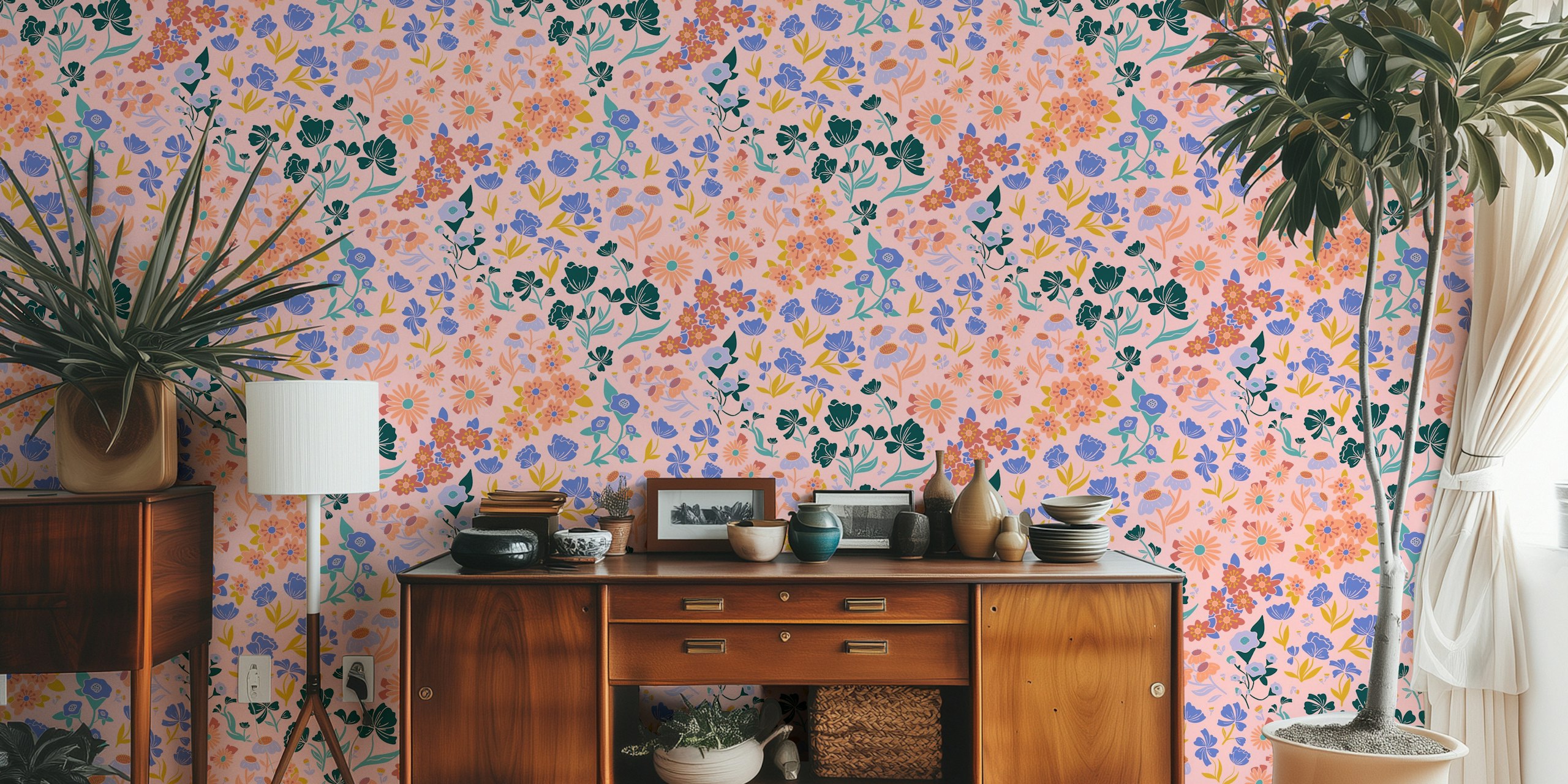 Colorful wildflowers in pink background floral wallpaper