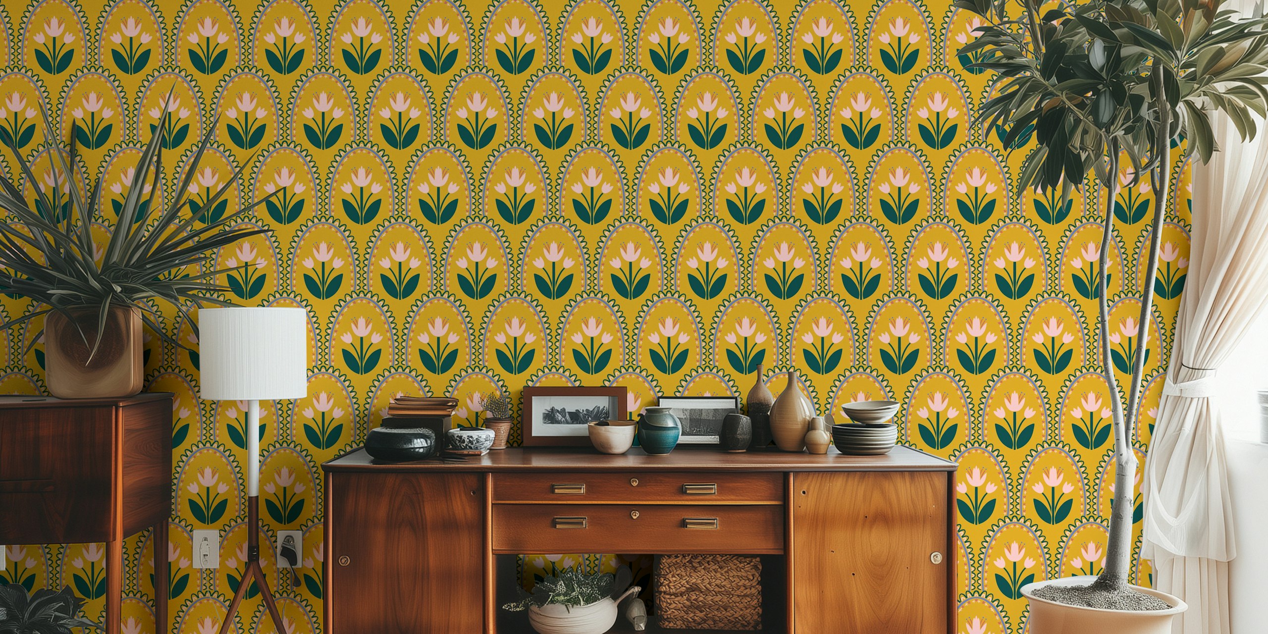Mustard floral wallpaper with pink flowers and green leaves in a decorative pattern