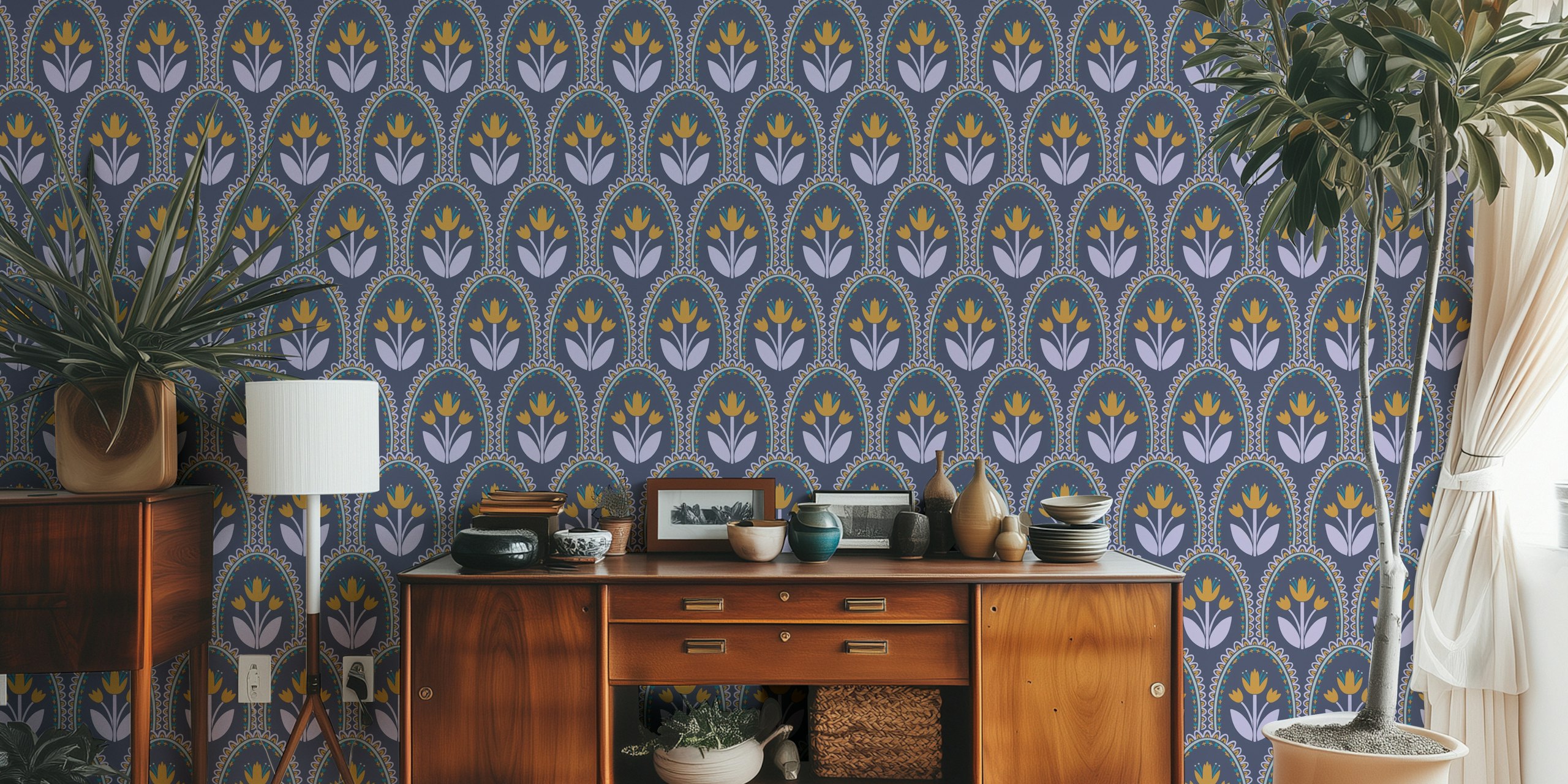 Floral pattern with yellow and lavender flowers on denim background wallpaper