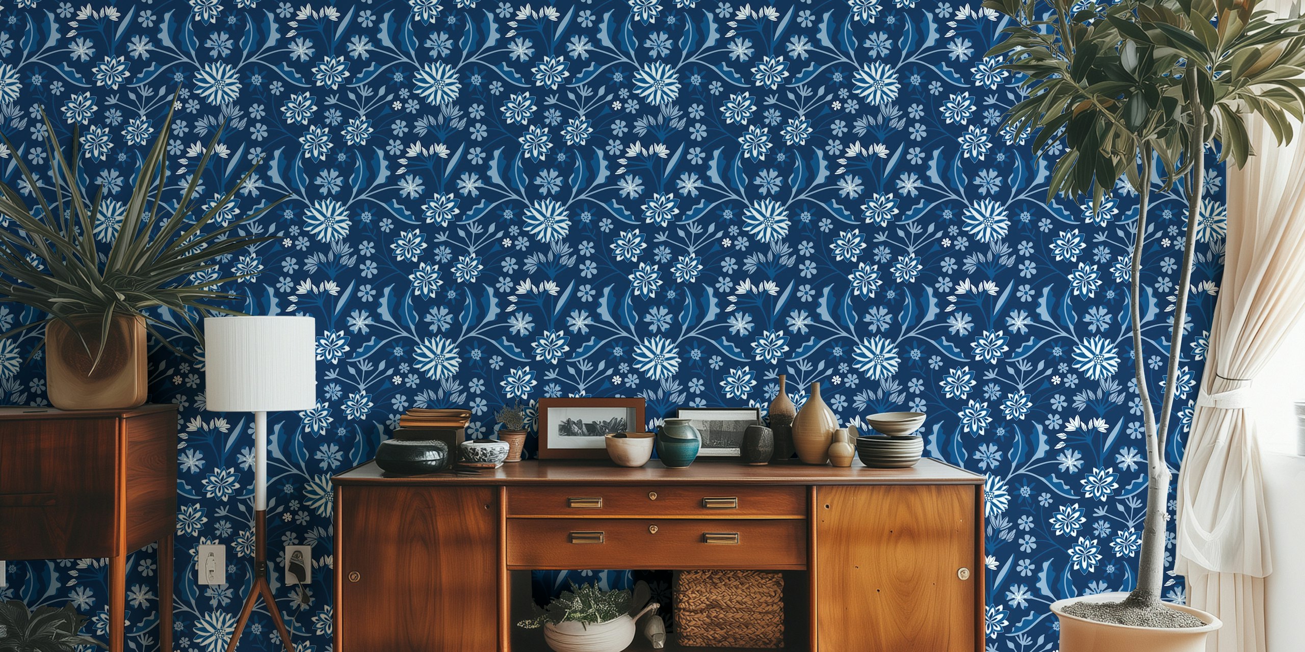 Indigo blue floral pattern wallpaper with various flowers and leaves