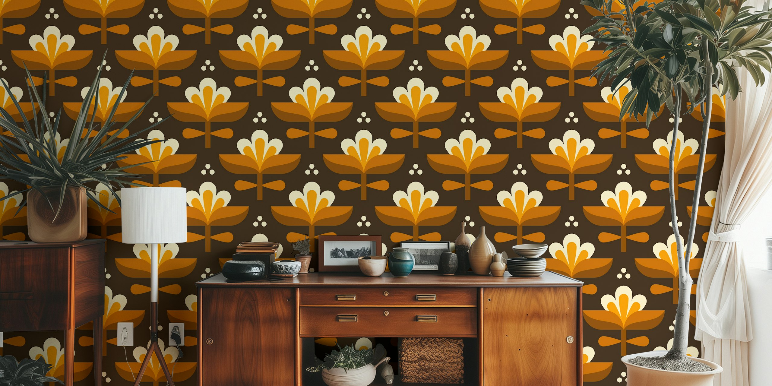 Vibrant retro blossoms papel tapiz en una habitación