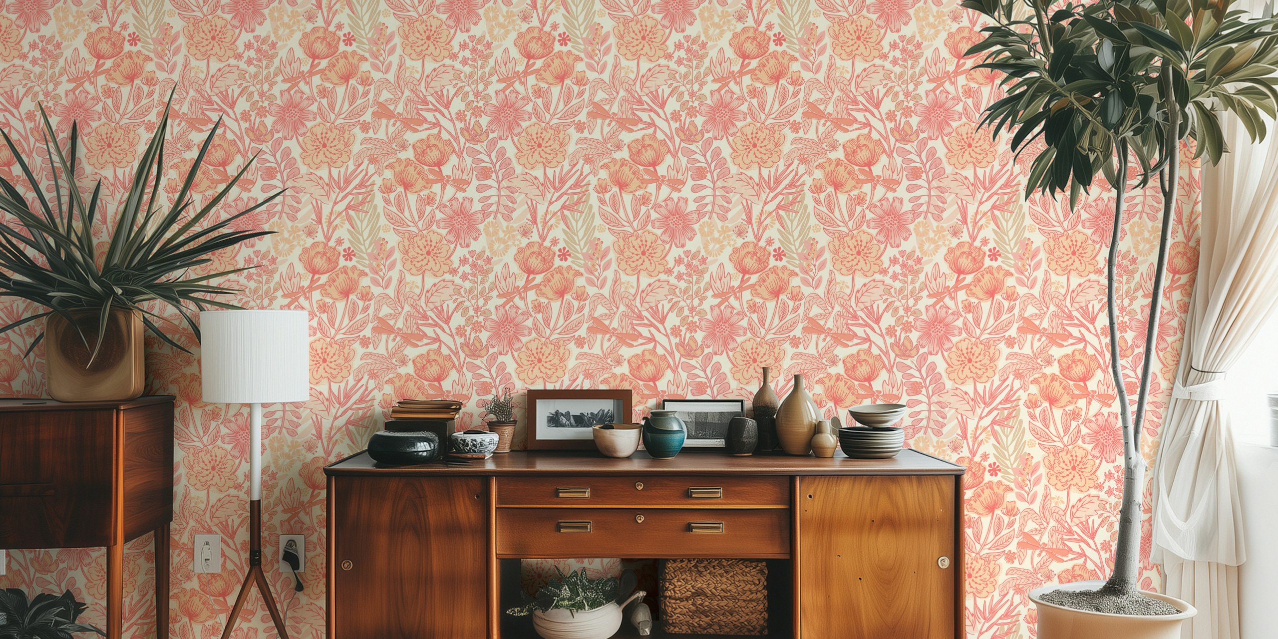 Peach floral pattern with leaves in pastel tones wallpaper