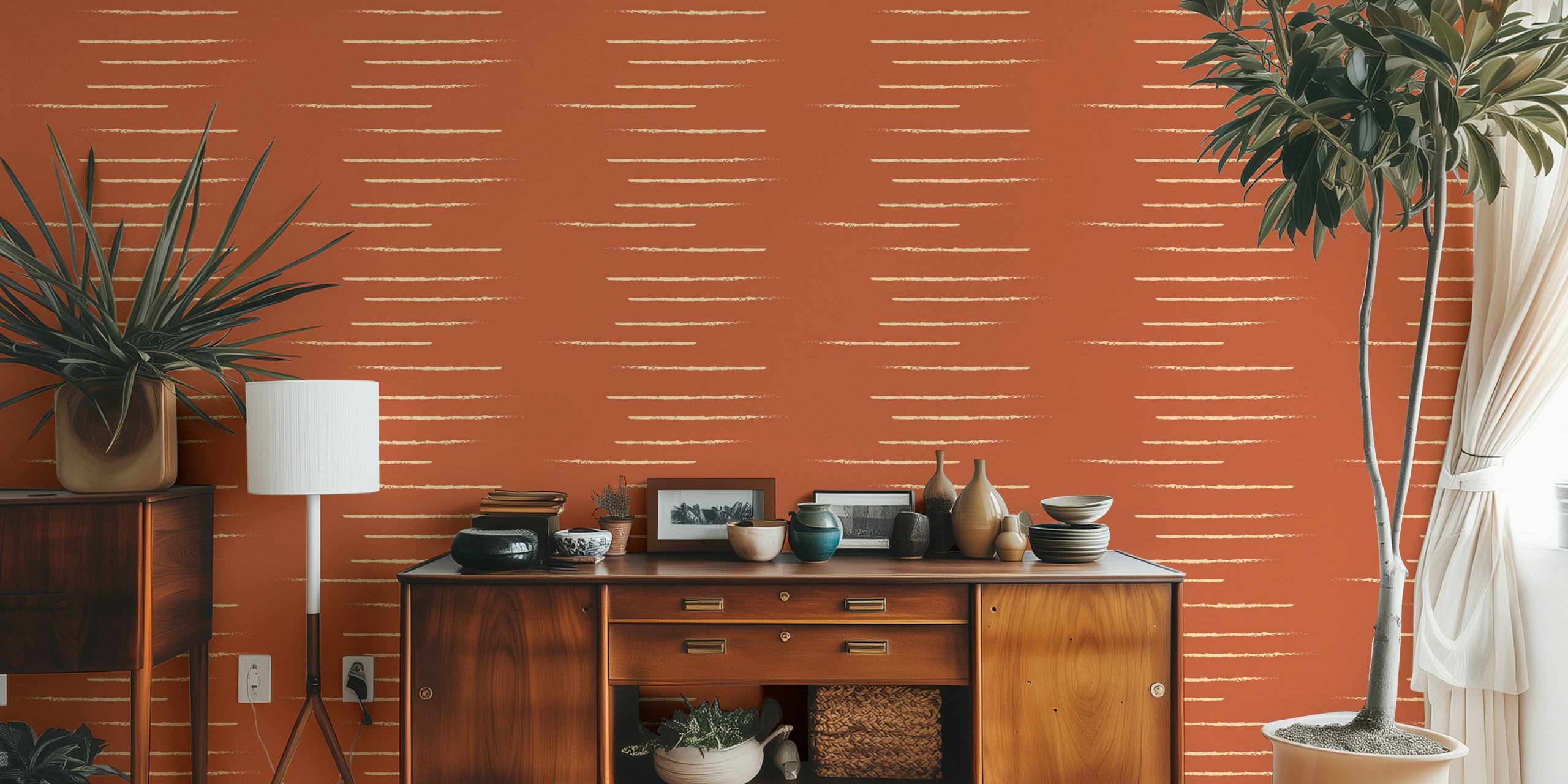 Striped warm terracotta beige wallpaper in a minimalist style
