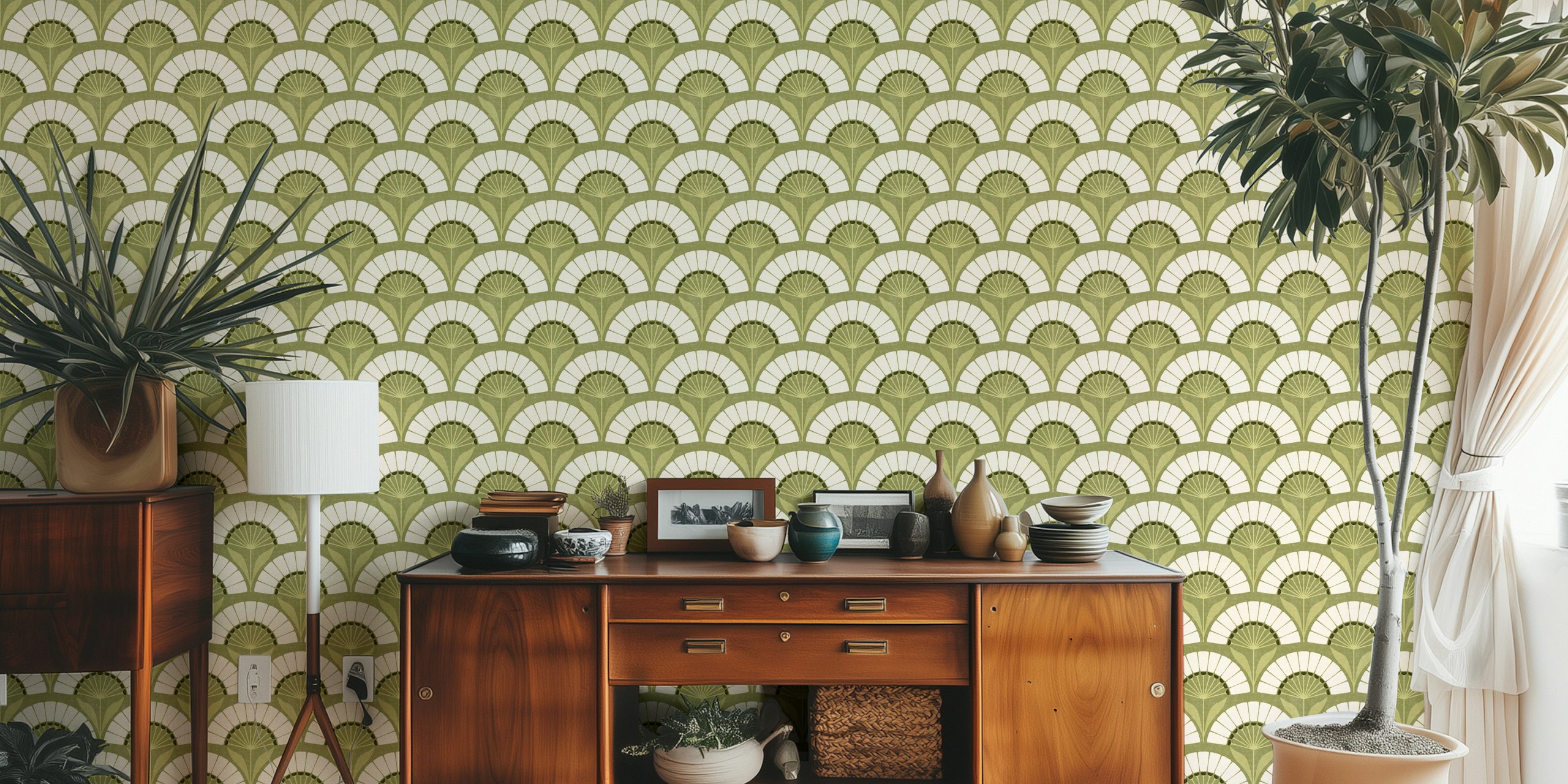 Green and white floral retro wallpaper design with fan shapes