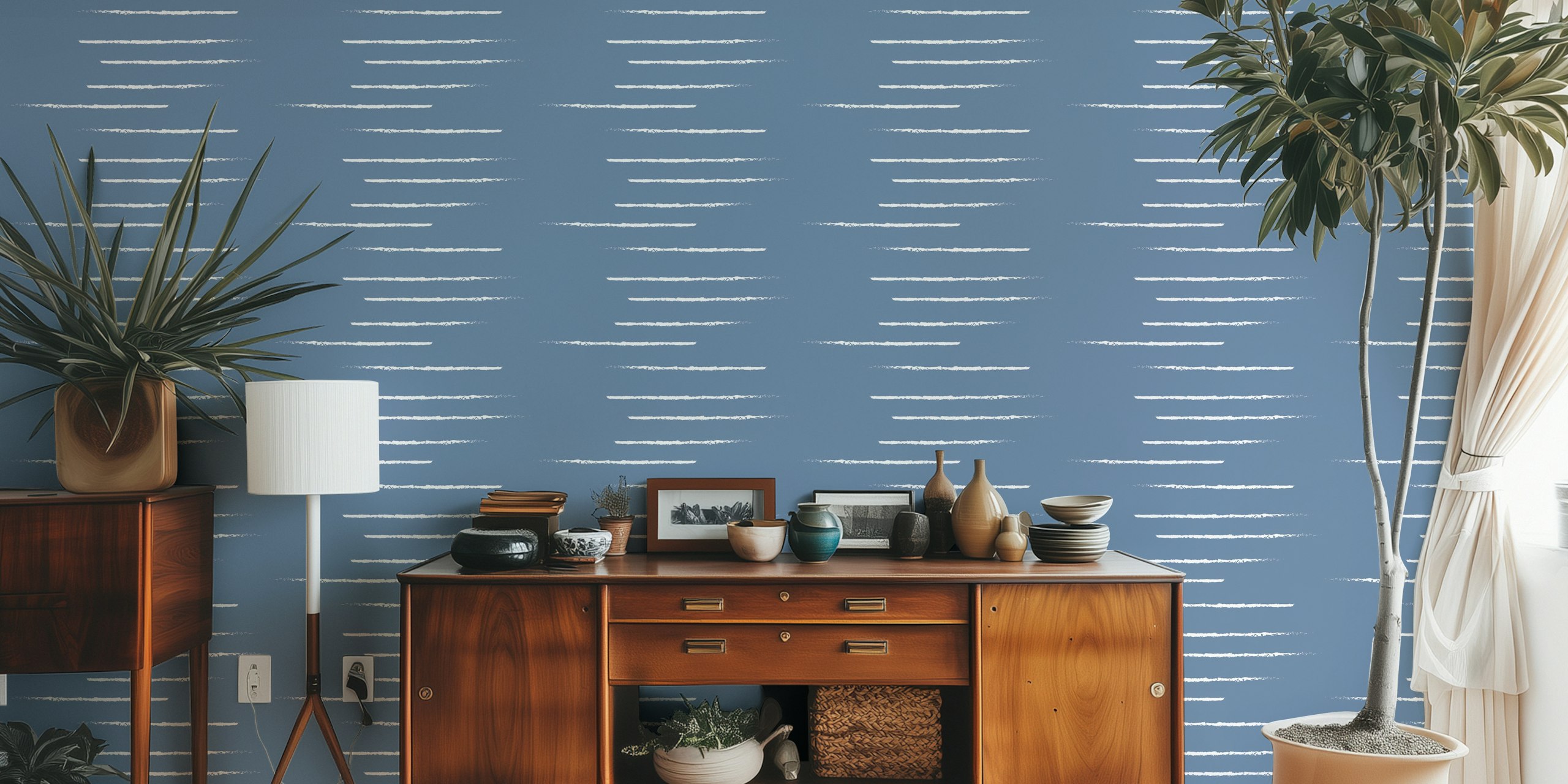 Minimalist blue striped wallpaper with white lines