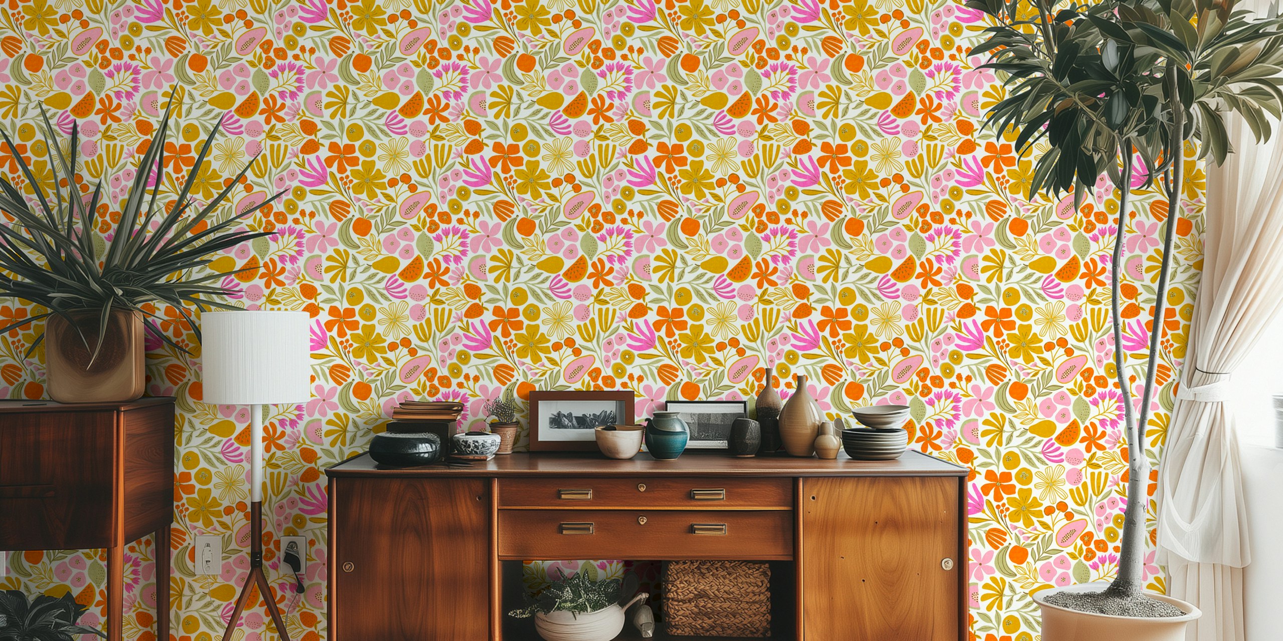 Ambrosia light floral and fruit wall mural with soft pastel colors