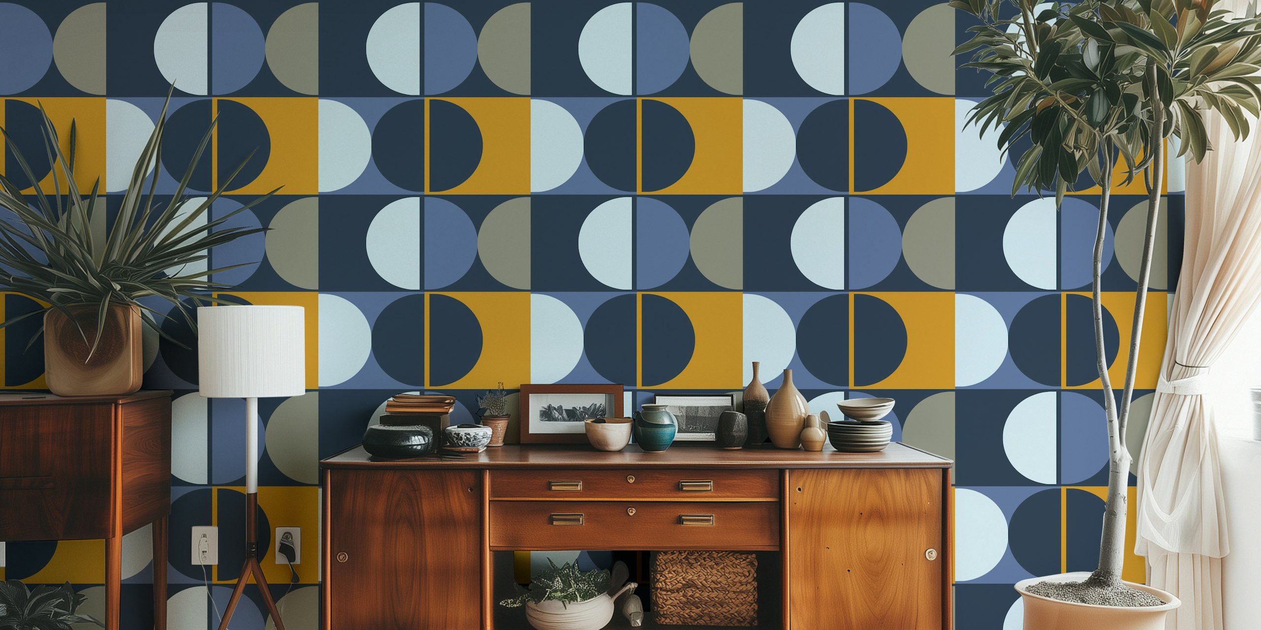 Geometric wallpaper featuring blue and gold circles in modern design