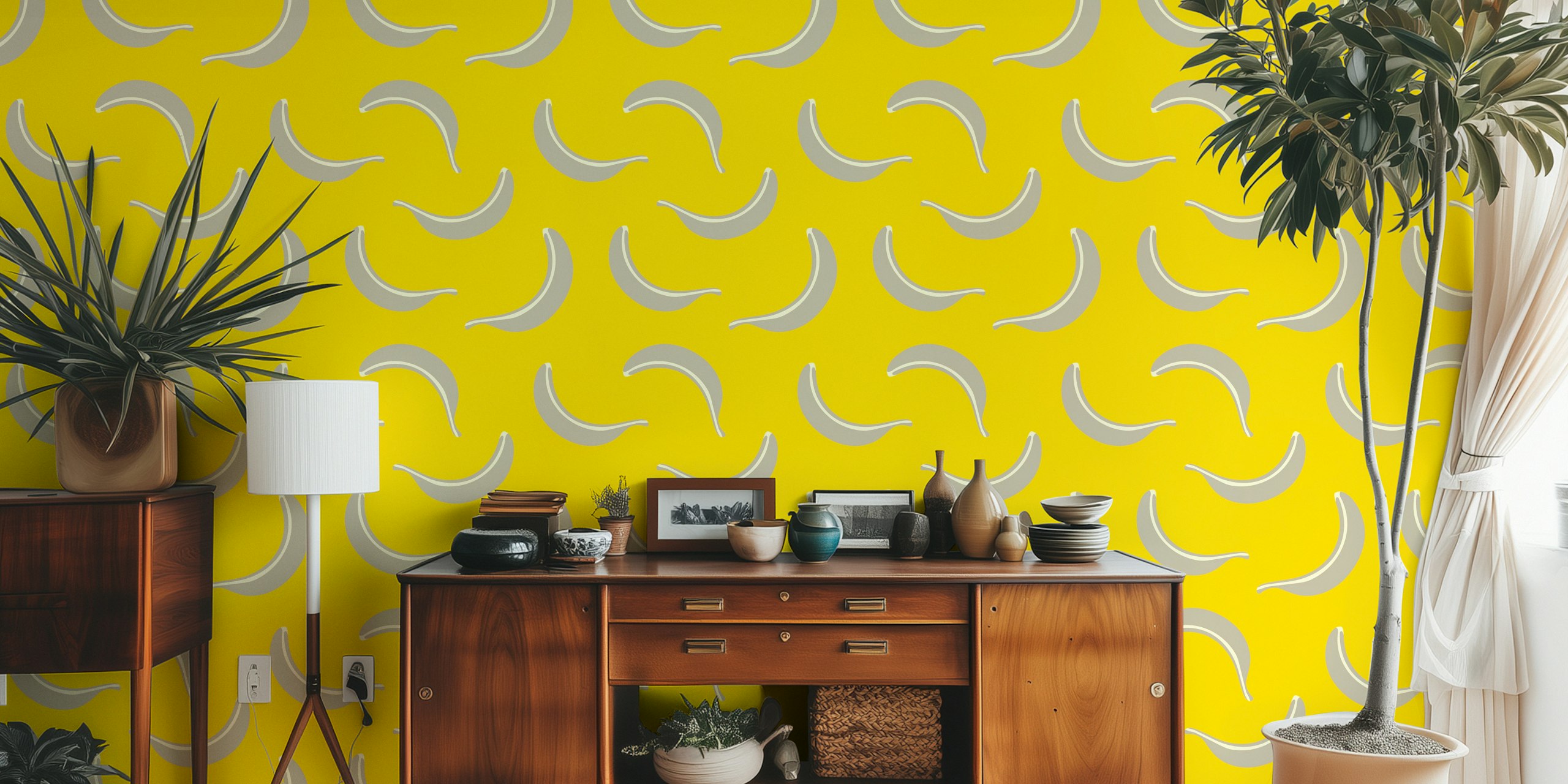 Yellow background with gray banana illustrations fun tropical wallpaper