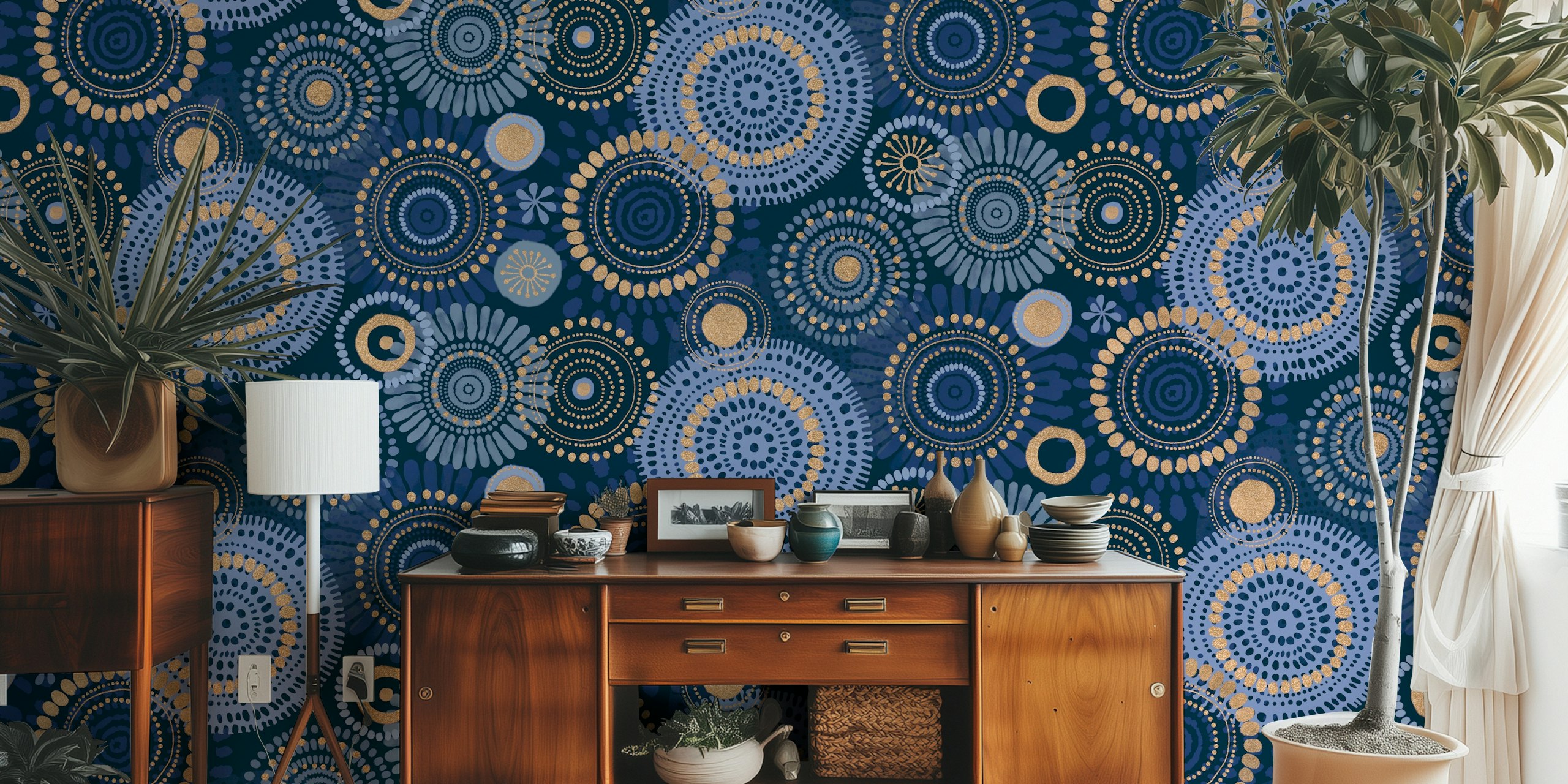Opulent Rhapsody of India Blue Gold wallpaper in a room