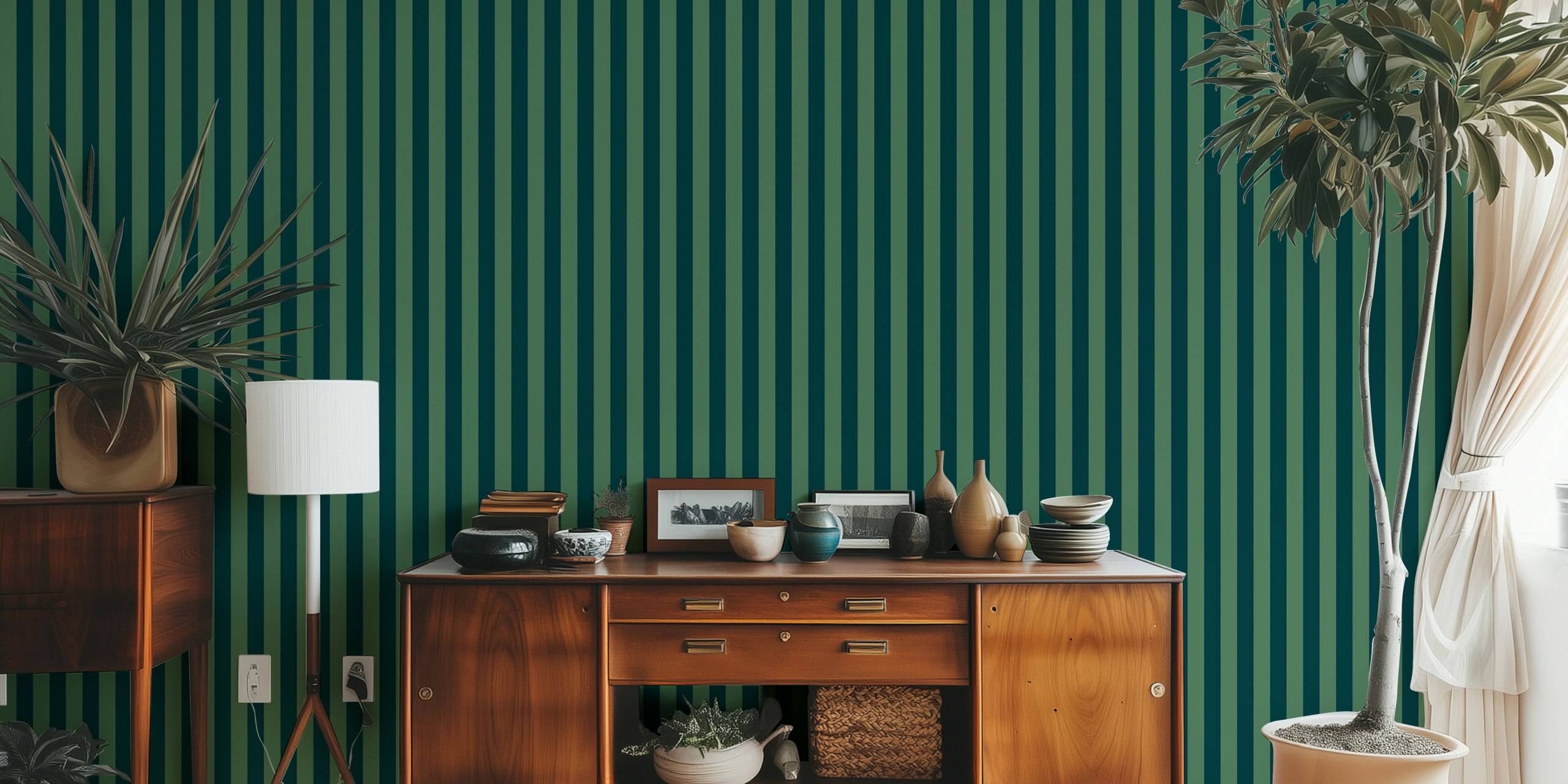 Moody and fern green stripes wallpaper in a room
