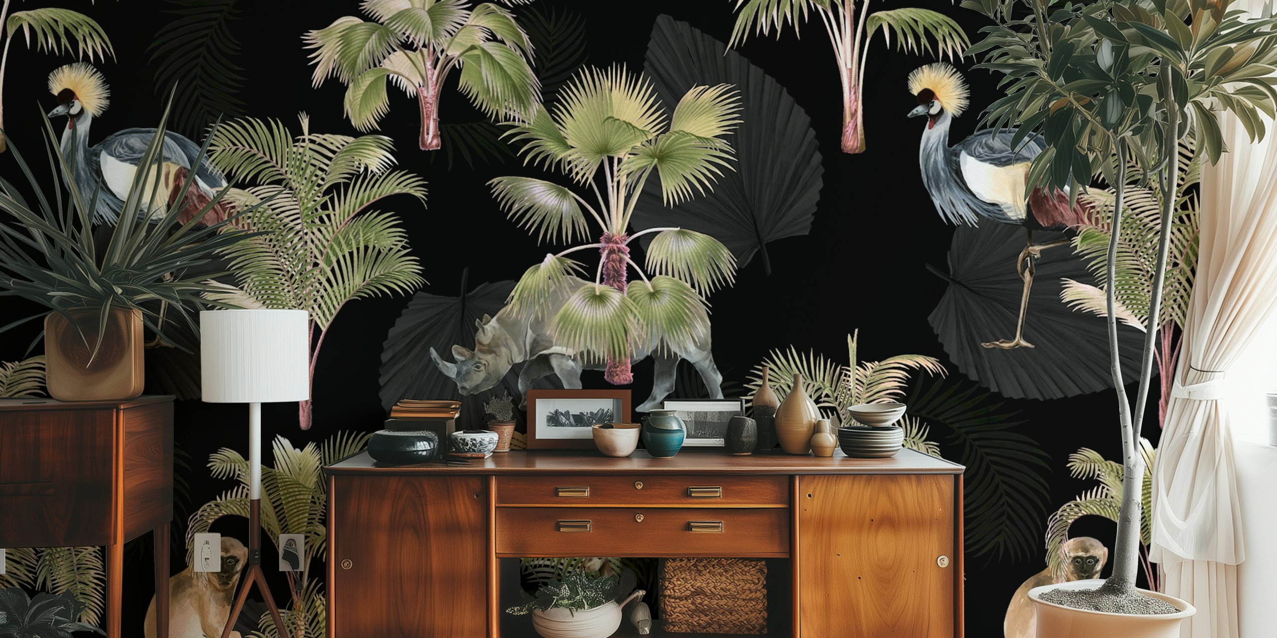 Exotic animals and palm trees on a dark background wall mural