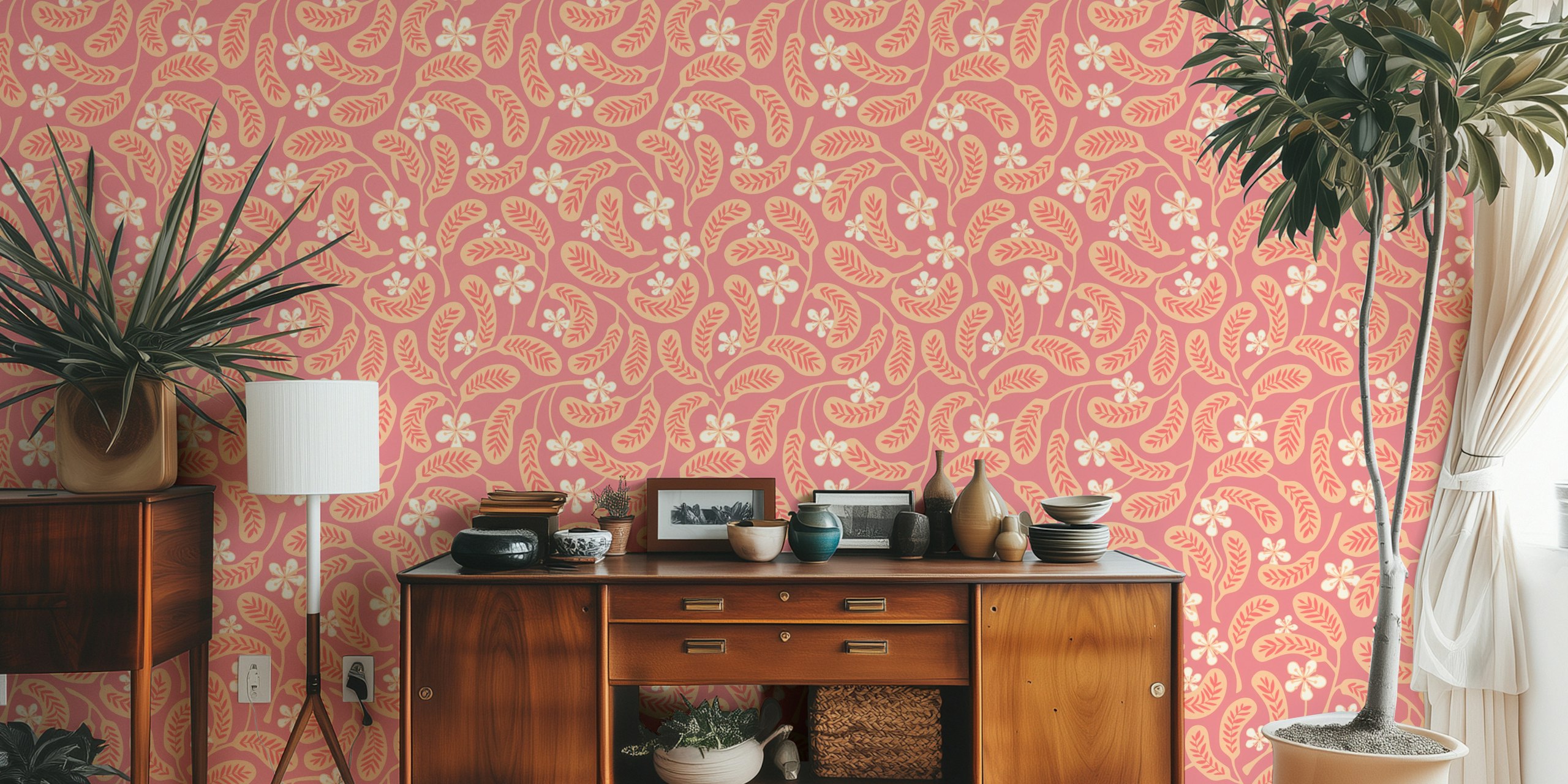Hilo Vintage Tropical Floral Wall Mural Featuring Peach Background With White Flowers And Red Leaves.