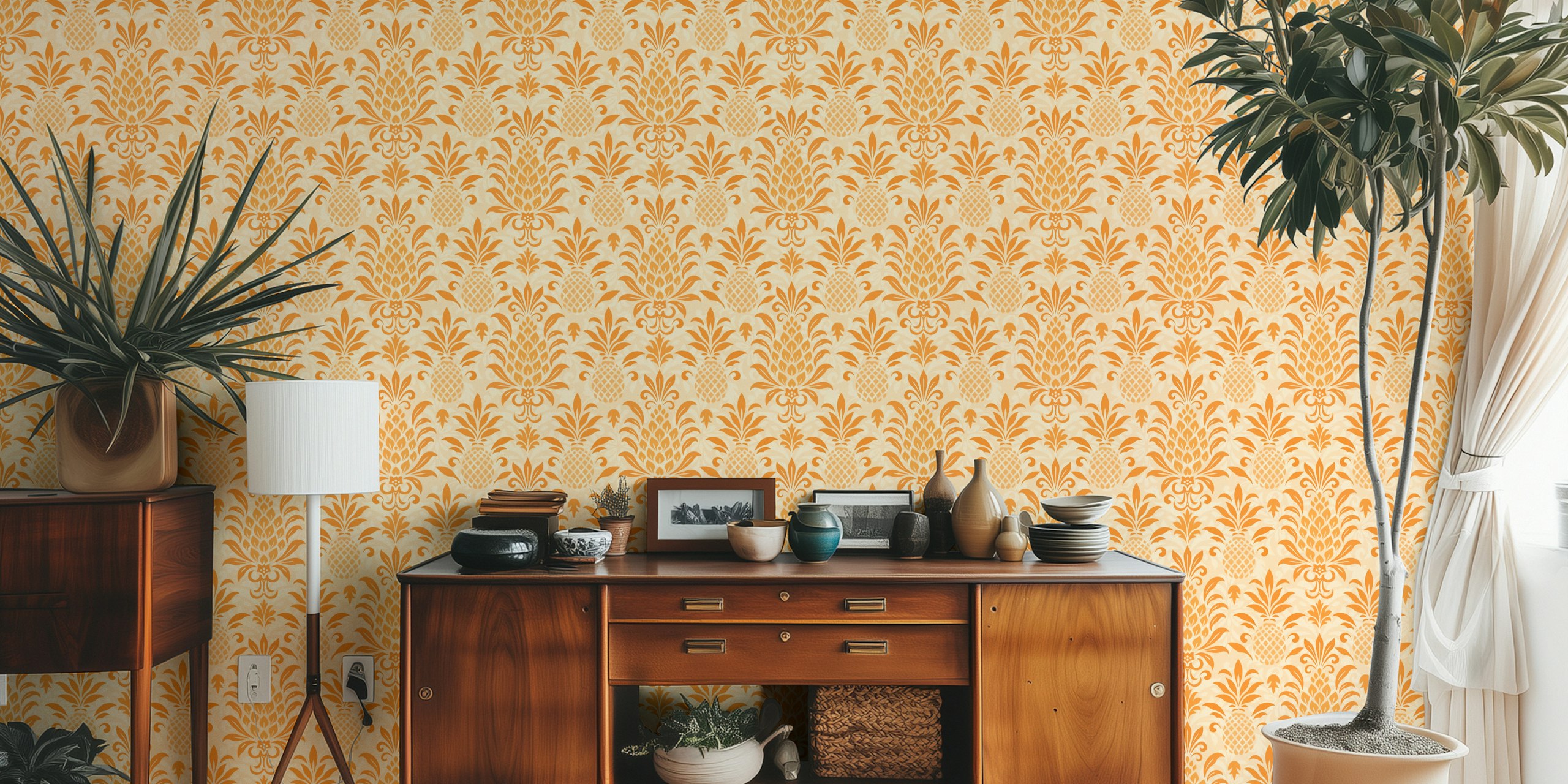Peach and orange pineapple damask pattern wallpaper