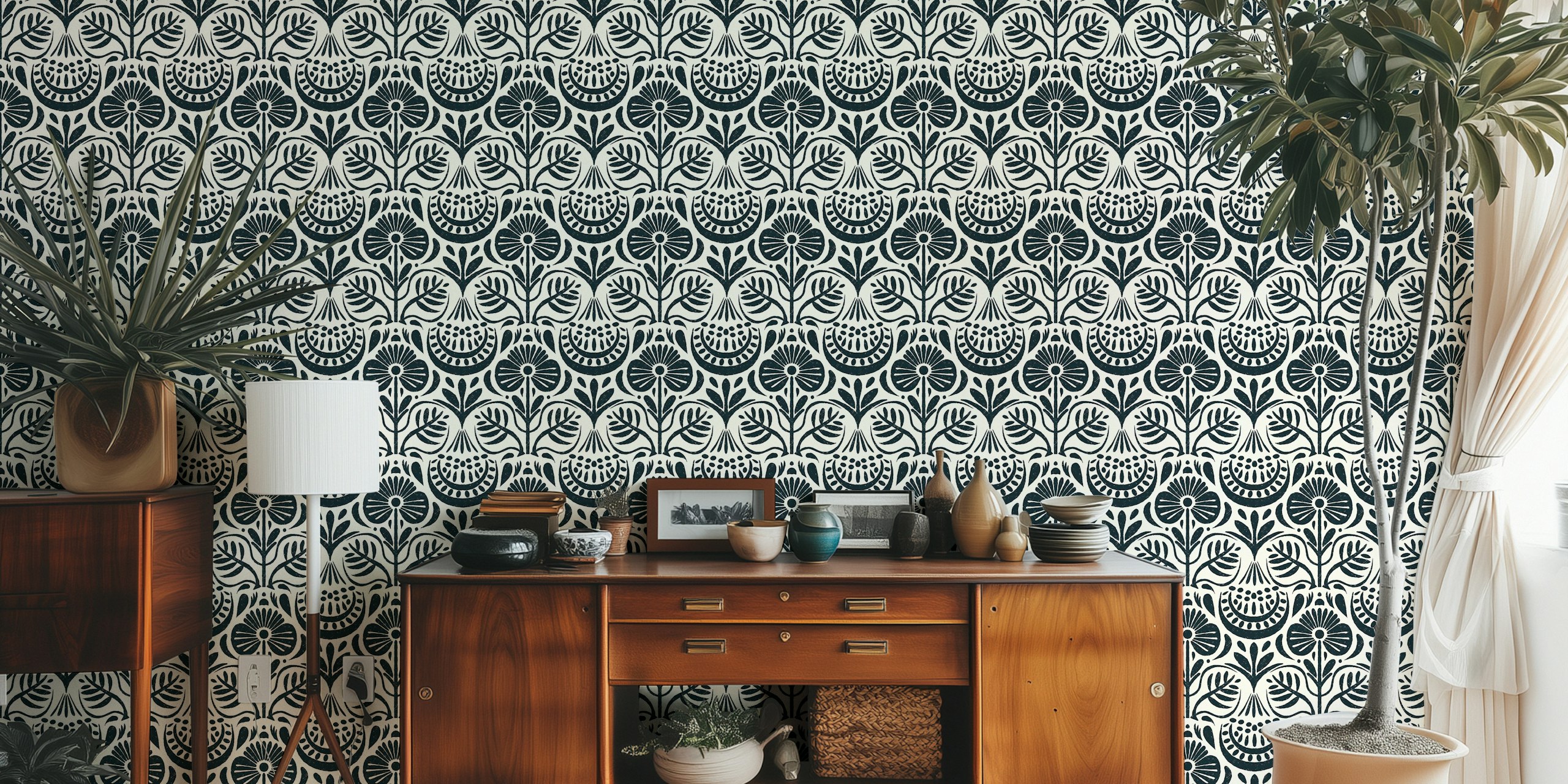 Floral tile wallpaper design in a room