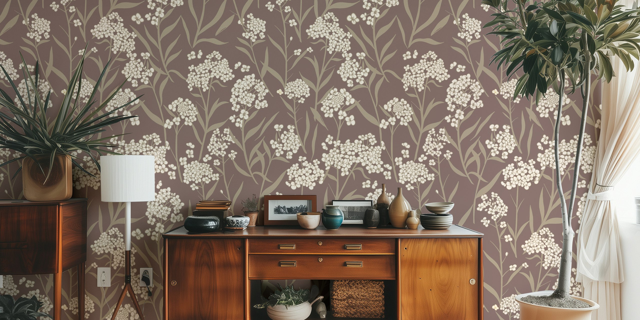 Floral design in neutral colors with taupe background wallpaper