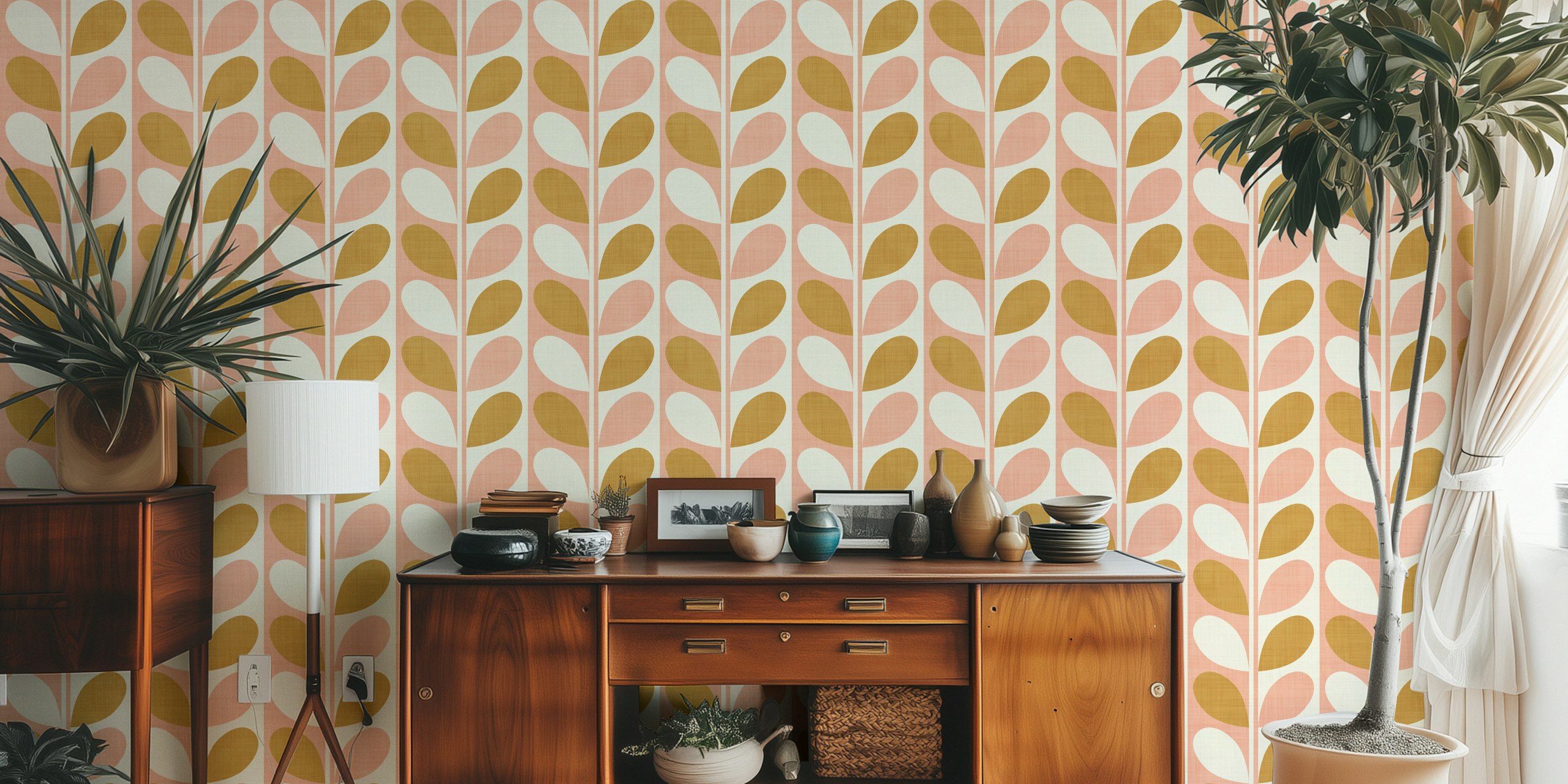Blush and gold leaf pattern wallpaper in mid-century modern style