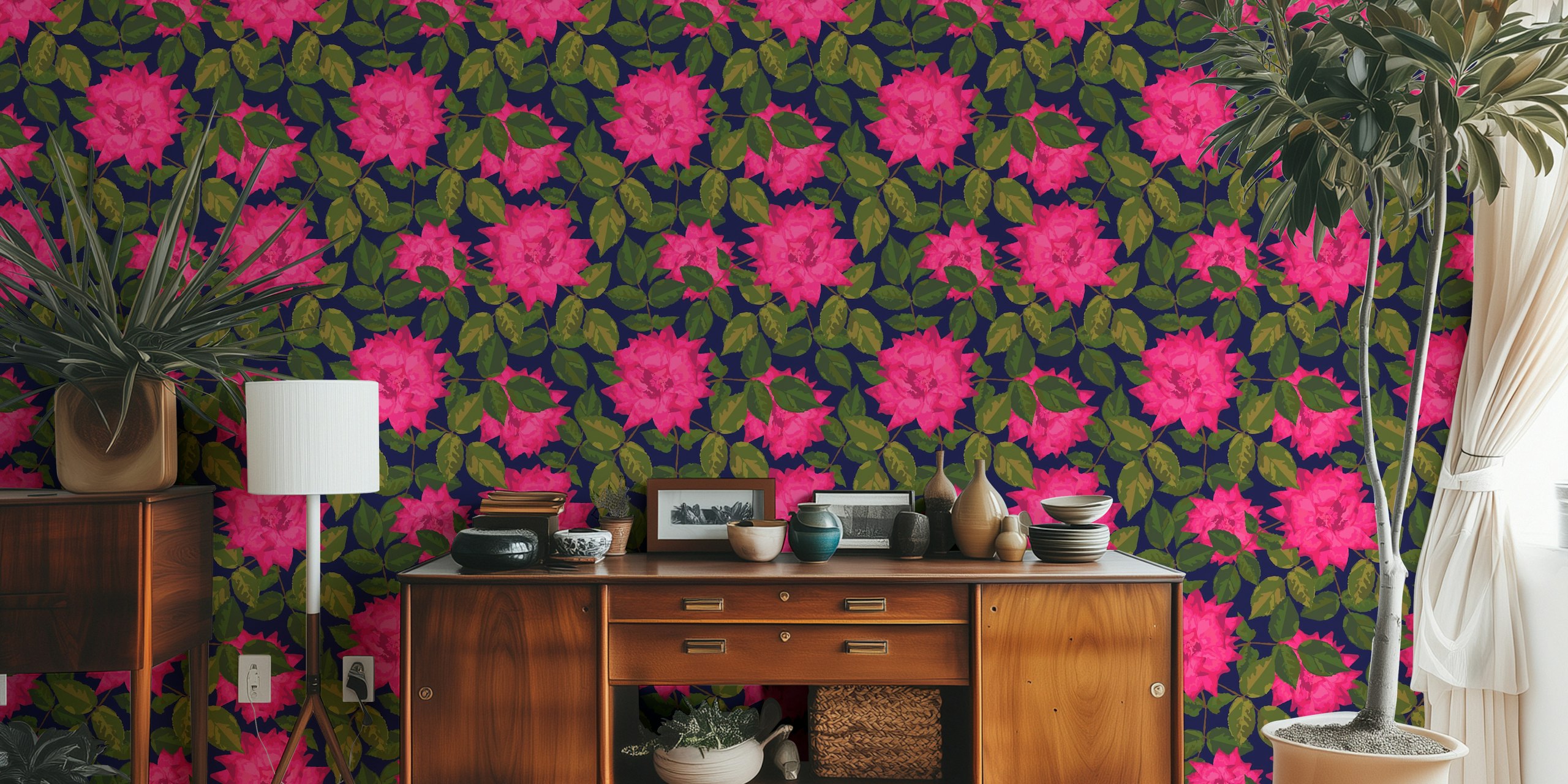 Pink rose floral pattern on navy background for wall mural